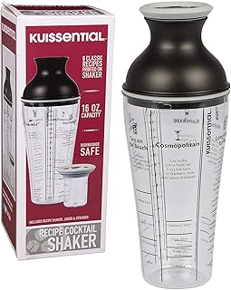 Recipe Cocktail Shaker, 16oz, Includes Jigger, Strainer, and 6 Printed Mixed Drink Recipe Measurements on the Bottle (Long...