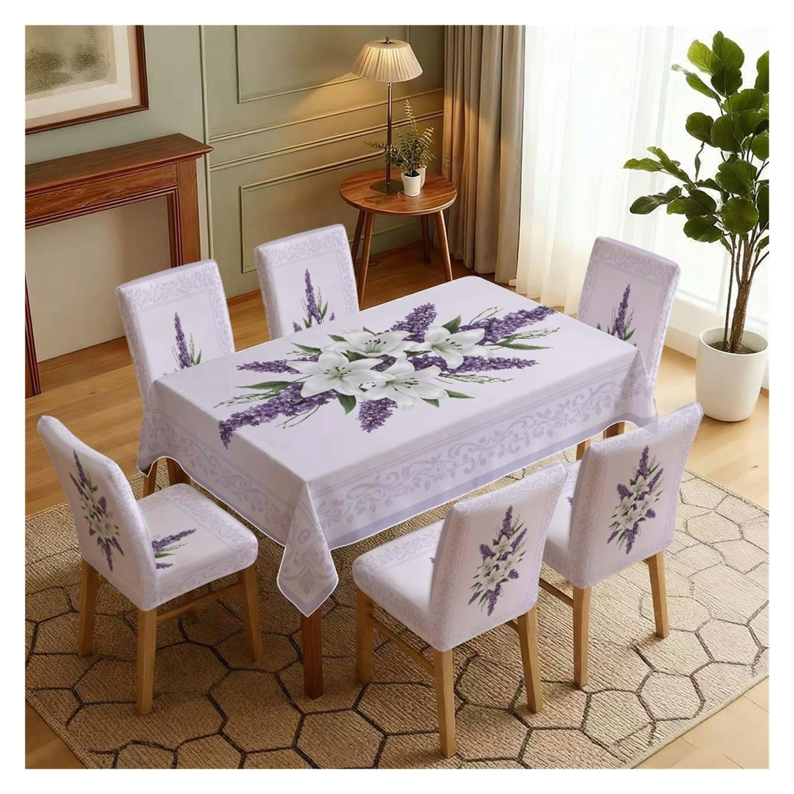 KXUAUV Lavender & Lily Print Stretch Dining Chair Covers & Tablecloth Set, 5/7 Pack Party Decor(7pcs Set: Tablecloth+Chair Covers)