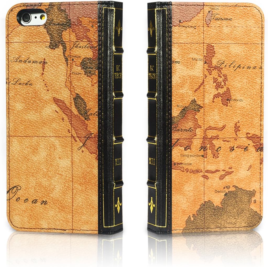 EC Technology? iPhone 6 Case Genuine Leather Wearable Handmade Wallet Classical Book Cover with Credit Card ID Holders for iPhone 6 4.7" -Map Pattern(Pattern is Different and Random delivery)