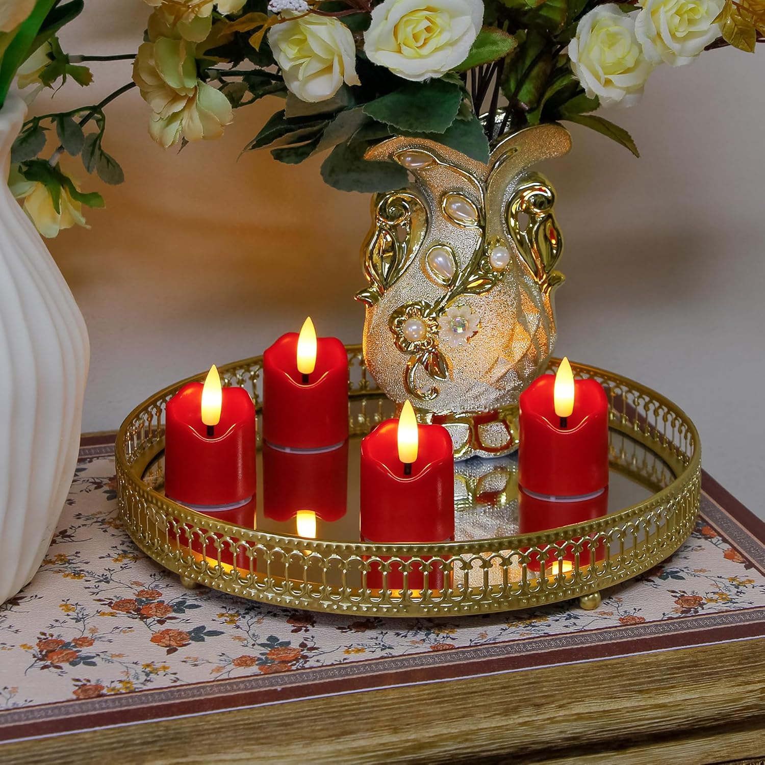 6 Pack Battery Operated Auto Daily Timer Burgundy Plastic LED Flameless Votive Candles, Long Runtime 1.6" x2.3" Flickering Tealight Candles with Remote Control - Image 5