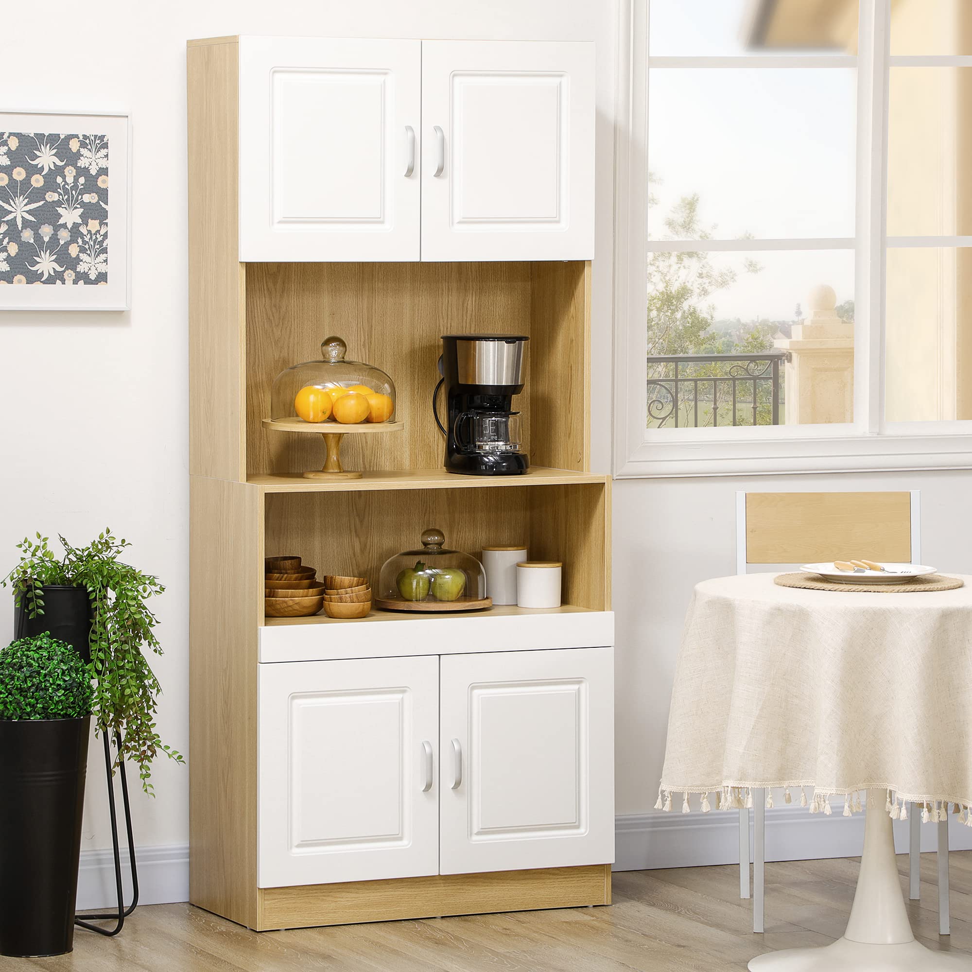 HOMCOM Mobile Dispensa Alto in Truciolato Bianco e color Legno a 4 Ante con Armadietti e Ripiano Aperto, per Cucina e Soggiorno, 80x40x180 cm