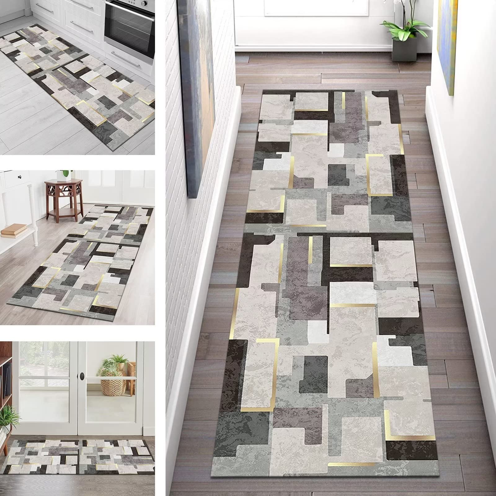 Tapis de couloir moderne abstrait en polyester haute densité gris et beige