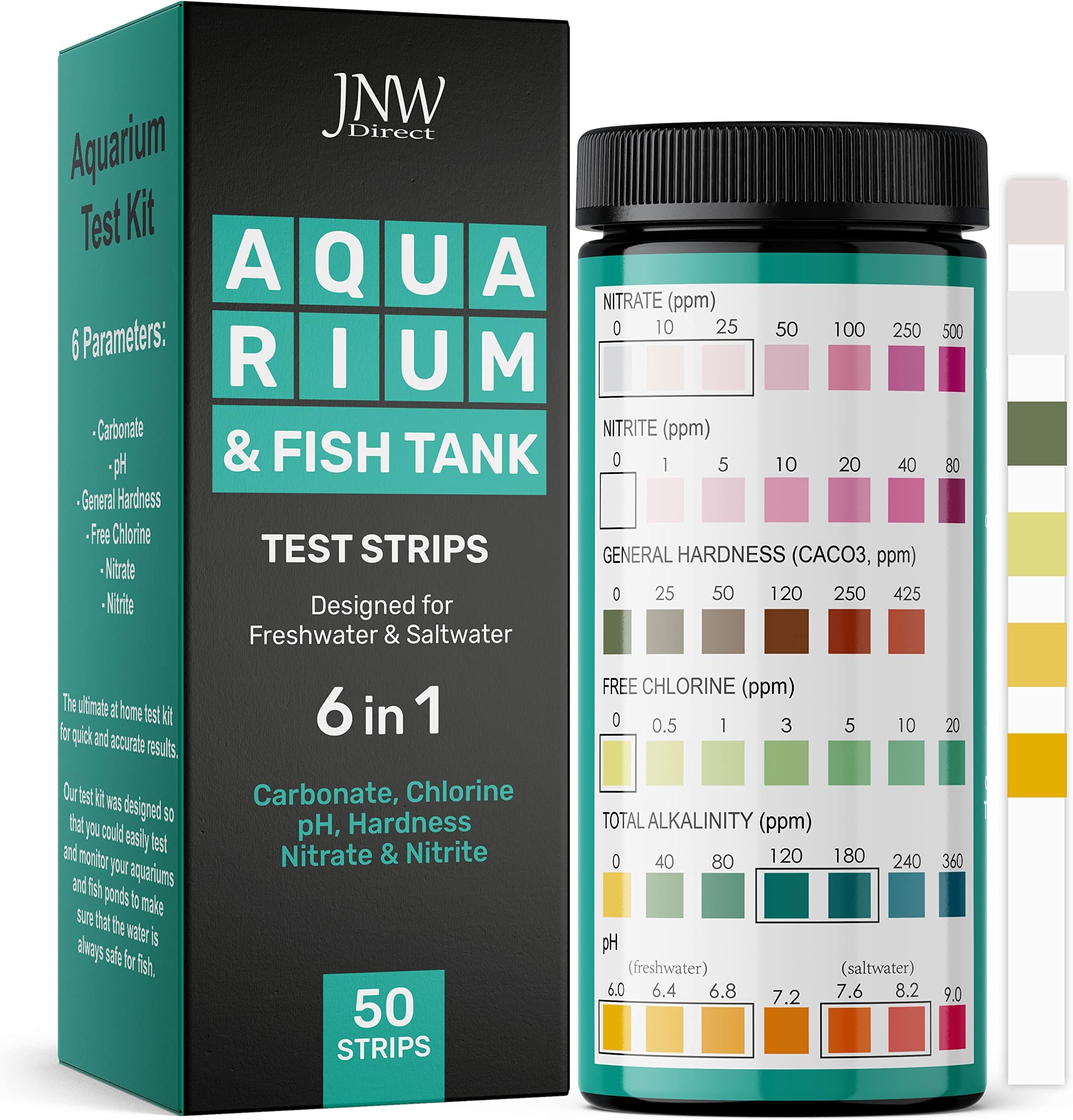 Aquarium Test Strips - 6-in-1 Aquarium Test Kit with eBook - Aquarium Water Test Kit with Quick and Accurate Fish Tank Test Strips - 50 Test Strips by JNW Direct