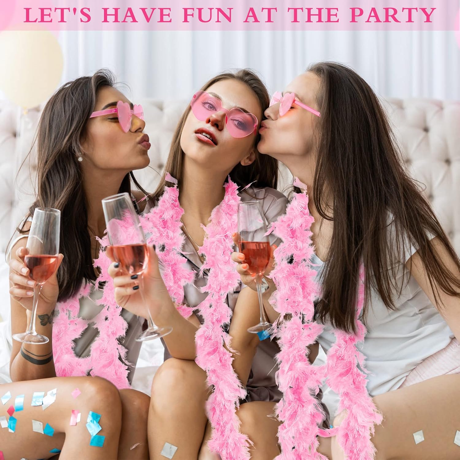 Yunsailing 12 Pcs Pink Feather Boas with Heart Sunglasses Set, 6ft Artificial Fluffy Pink Boa Bulk Rimless Glasses for Women Valentines Galentines Day Bachelorette Party Wedding Birthday Costume Gifts - Image 5