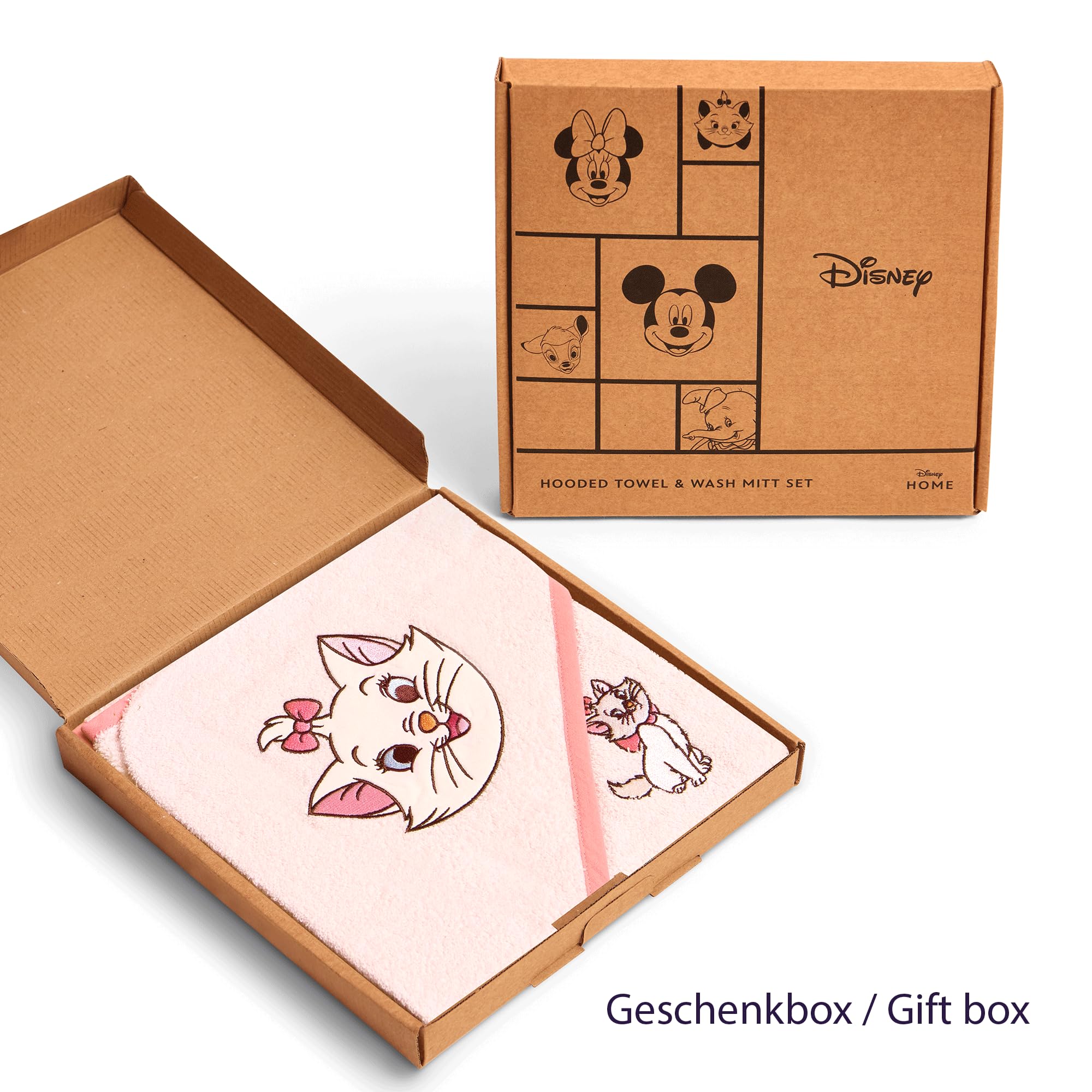 Disney Home Marie Cat zestaw ręczników z kapturem dla niemowląt do 5 lat, miękki i chłonny, certyfikat Oeko-Tex, 2-częściowy, ręcznik z kapturem 80 x 80 cm, myjka 15 x 20 cm