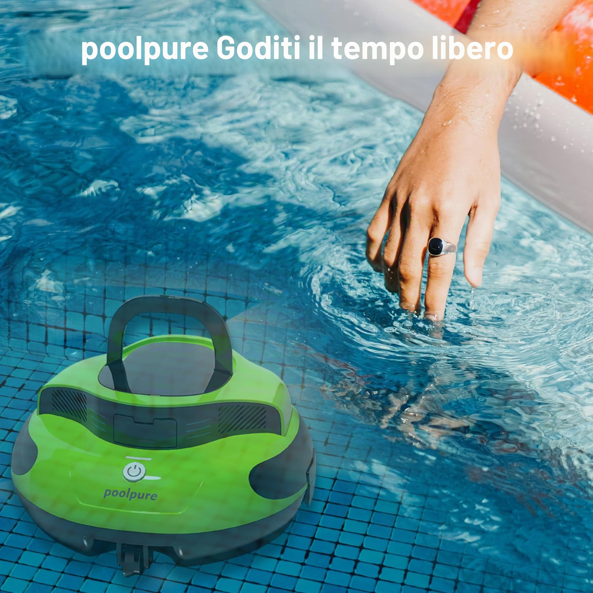 POOLPURE Aspirapolvere per Piscina, Batteria da 5000 mAh, Doppio Motore, indicatori LED, Funzione Self-Parking, IPX8, Impermeabile, Robot da Piscina Senza Fili per Piscine Piatte da 90 m²