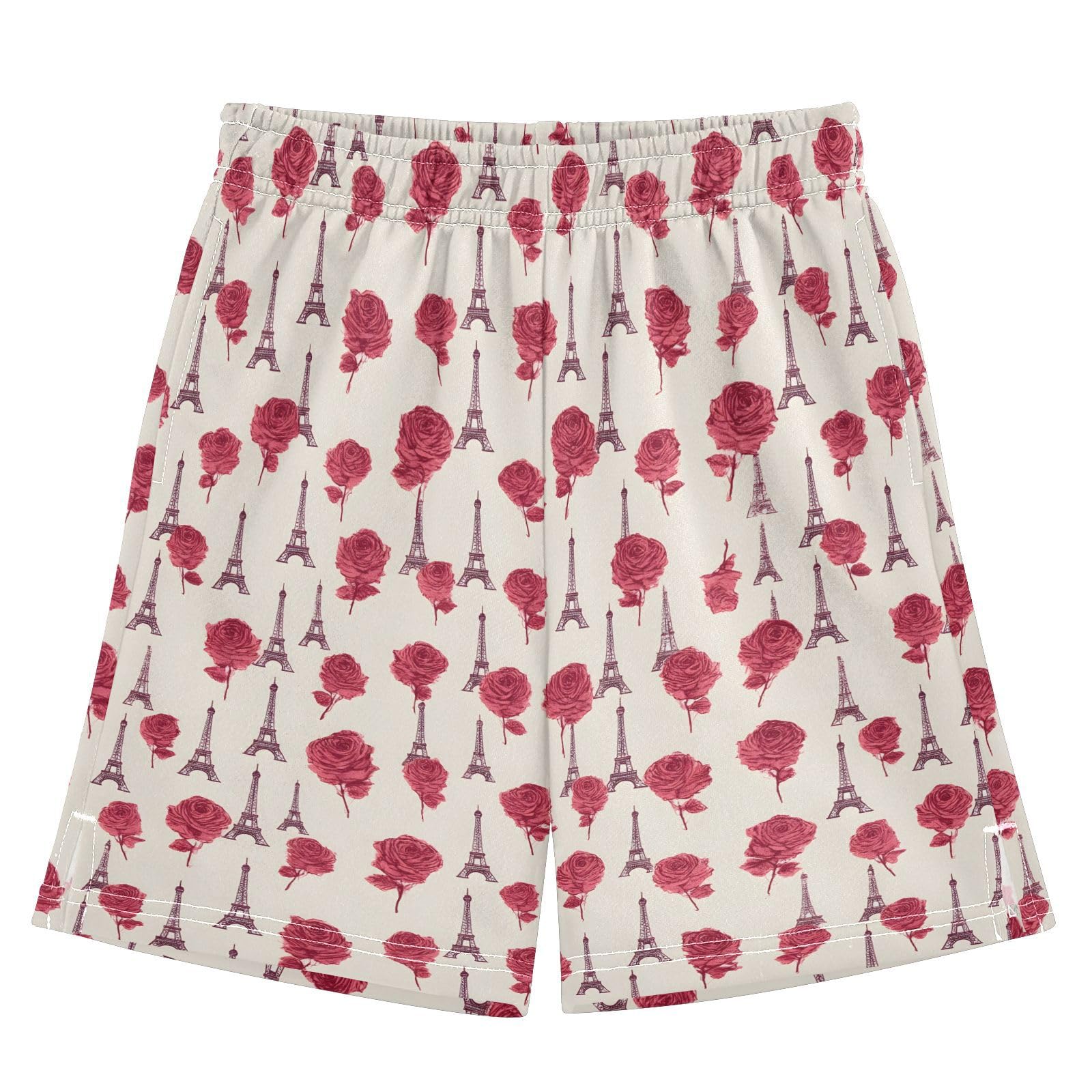 panksolu Cute Eiffe Tower Red Rose Shorts for Boys Summer Athletic Outdoor Boys Shorts Size 9-10
