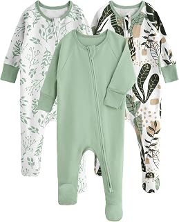 Yoofoss 100% Organic Cotton Baby Footie Pajamas 3-Pack Newborn Sleepers 0-9 Months Unisex with Mittens