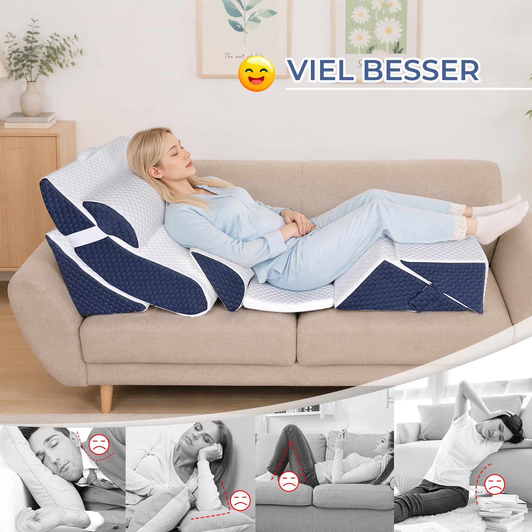 7pcs Verstellbares Keilkissen Set, Lesekissen für Rücken Nacken & Beine | Ergonomisches Bettkeil aus Hochdichteschaum für Reflux Schlafapnoe, Beinkissen & Rückenkissen beim Spielen, Lesen