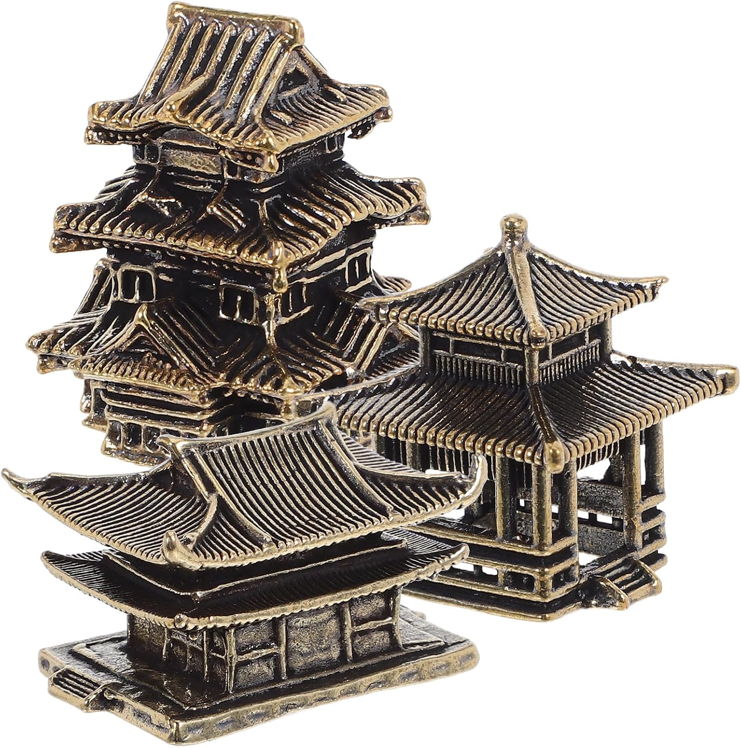 VOSAREA 3Pcs Tiny Brass Pagoda Model for Zen Garden Decor Miniature Asian Aquarium Ornament Indoor Outdoor Japanese Style Sculpture