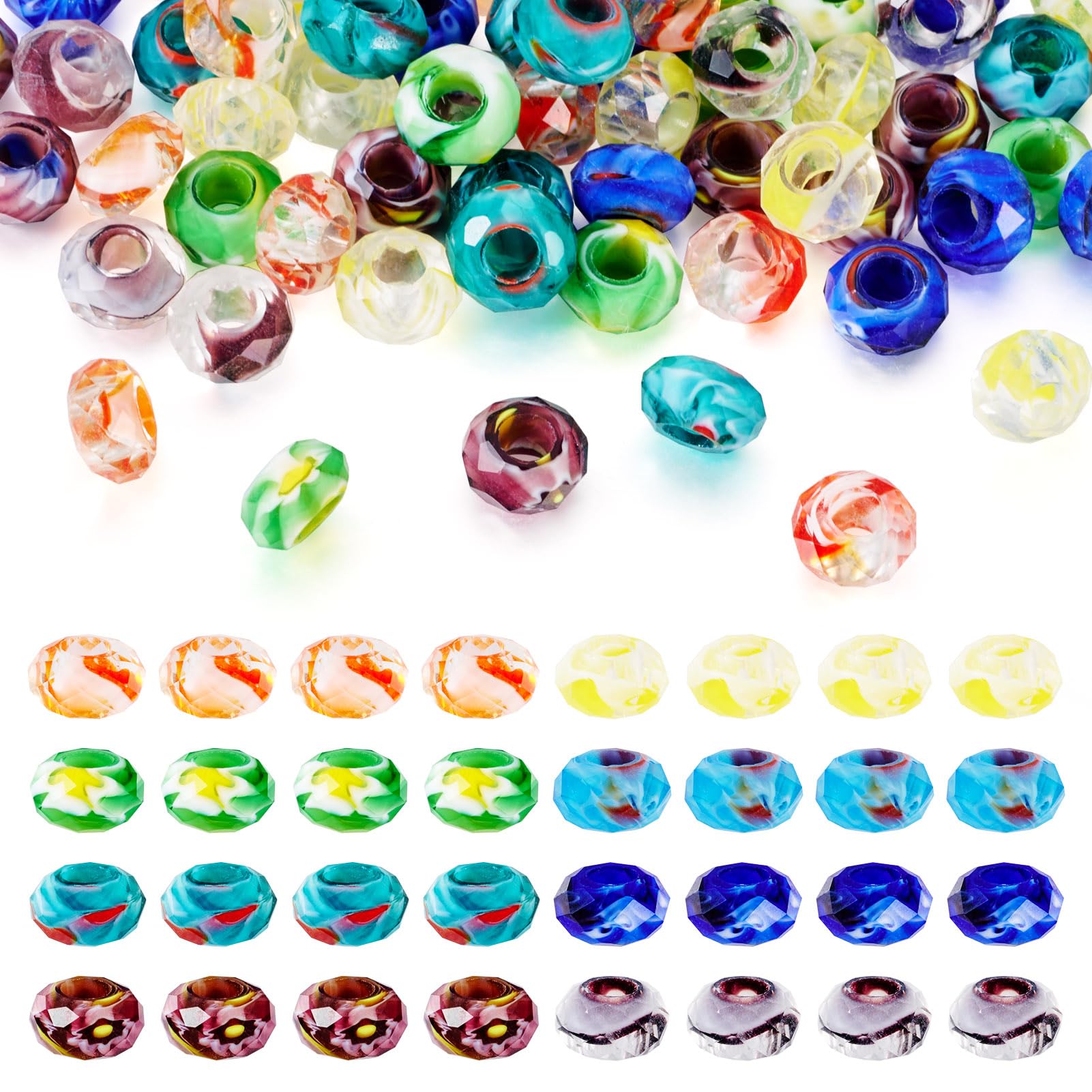 Perles européennes en verre à facettes et grand trou pour enfilage facile sur bracelets