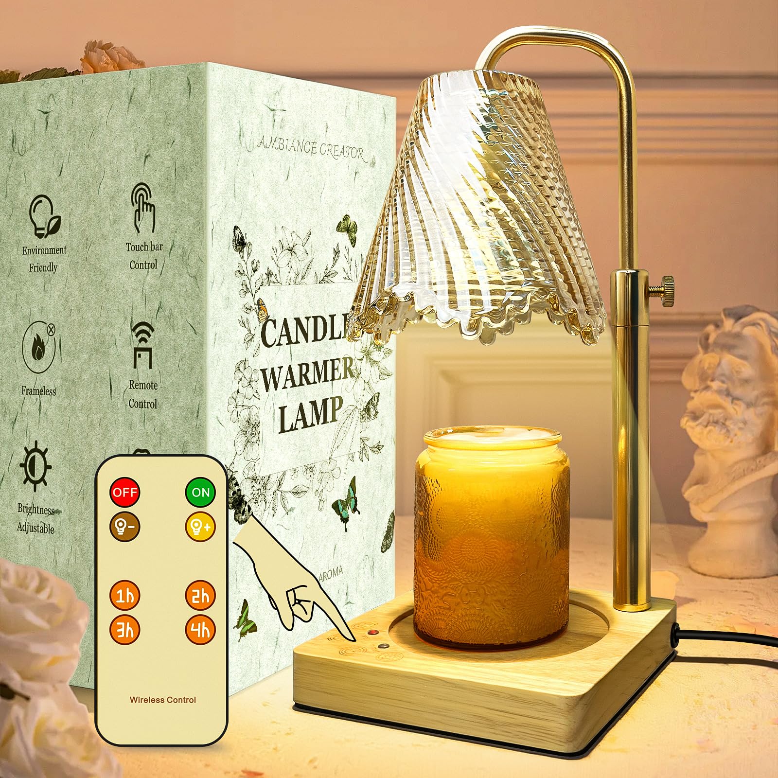 JIMEI Candle Warmer Lamp with Timer Electric Wax Warmer for Scented Wax Melt Warmer Melter for Jar Candles Touch & Remote Control Dimmable Adjustable Height Gifts for Women 2 Bulbs Skirt Shaped Glass
