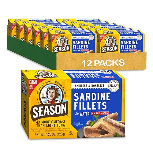 Season Sardinas en el agua, sin piel y sin hueso, sin sal añadida, capturadas en la naturaleza, 0.76 onzas de proteína, bocadillos Keto, más Omega 3
