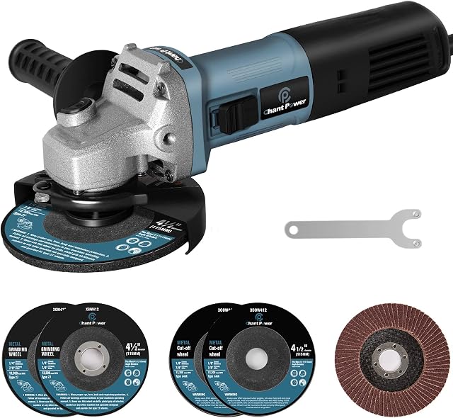 C P CHANTPOWER Angle Grinder Power Tool, 115mm 900W Corded Angle Grinder with 2X Cutting Wheel, 2X Grinding Wheel, 1X Flap Discs and Side Handle