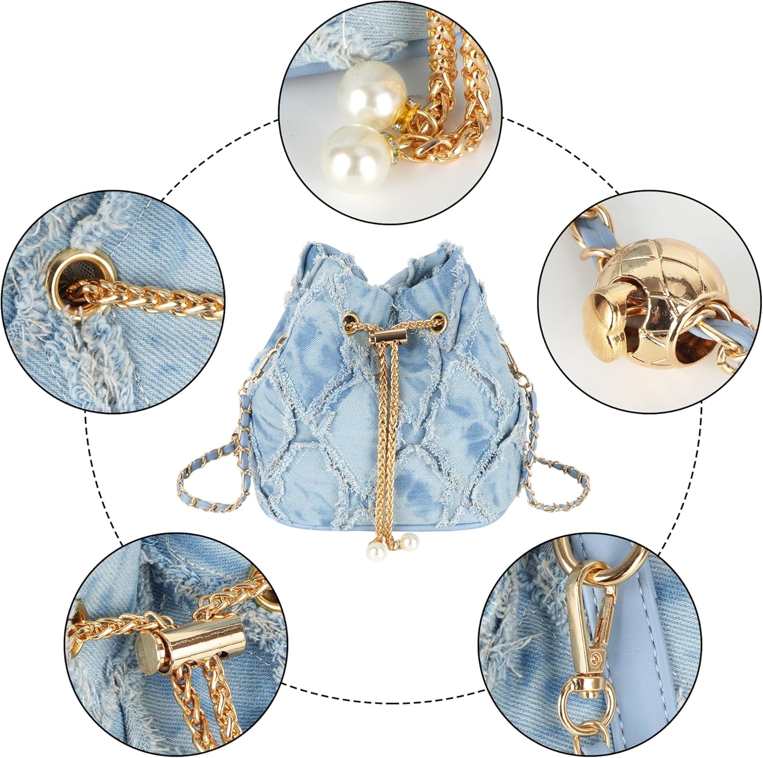 Women Denim Mini Bucket Shoulder Crossbody Bag Drawstring Quilted Distressed Tassel Barrel Shape Satchel Purse - Image 6