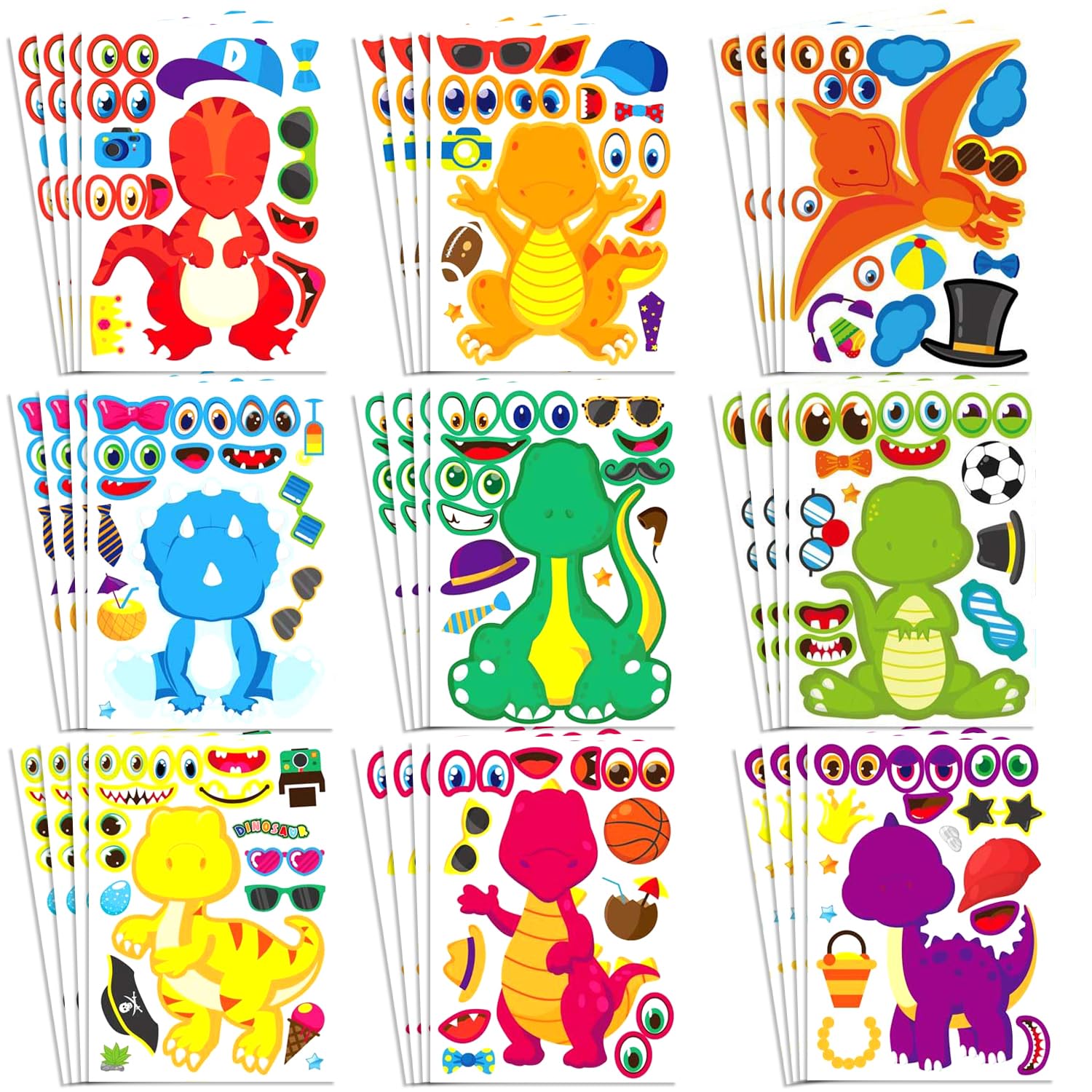 TIHNY 36 Sheets Dinosaur Stickers Make Your Own Dino Party Favor DIY Craft Activity Set 9 Designs Mix Match Creative Gift Birthday Party Supplies