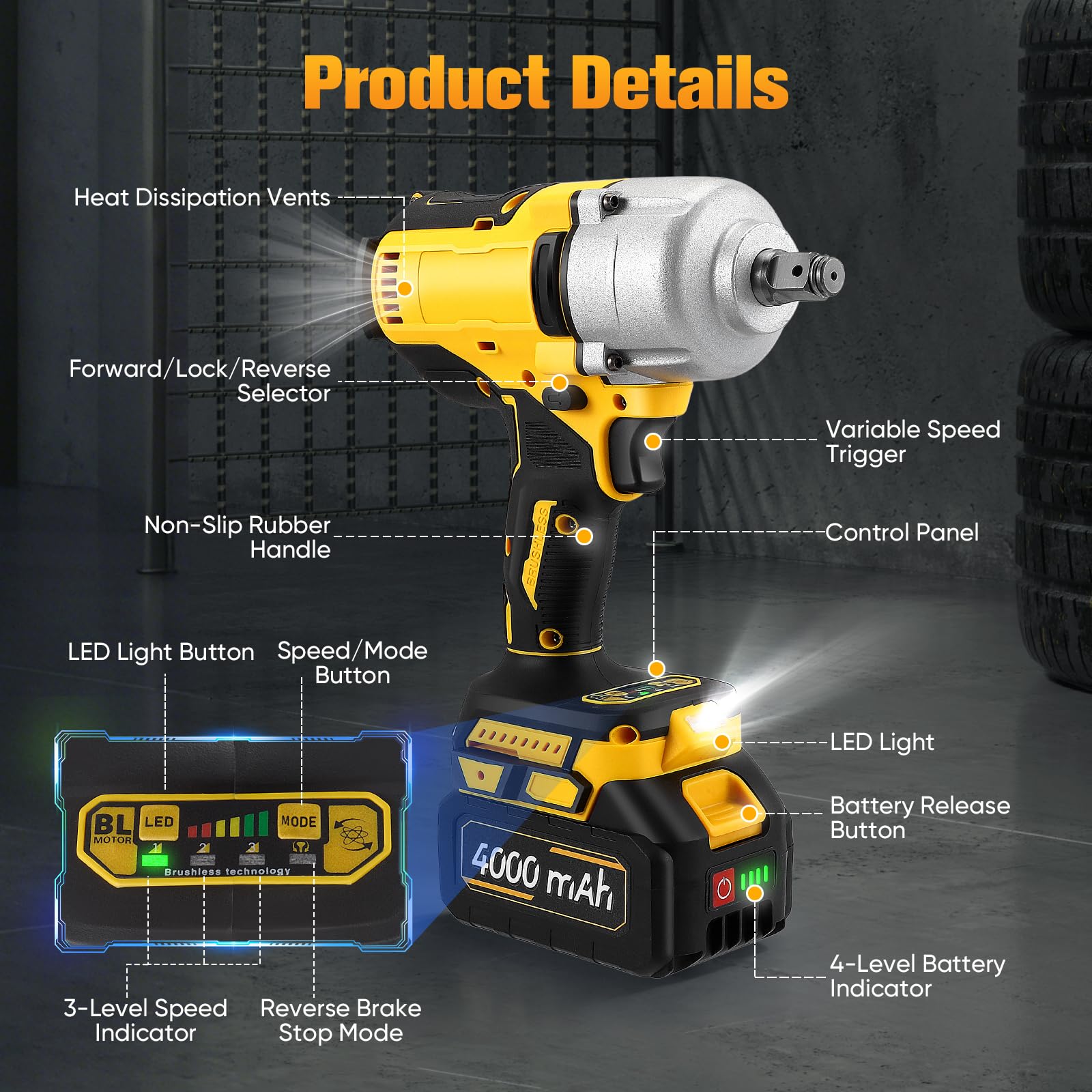 Atornillador de impacto a batería 1000 Nm – 21 V sin escobillas atornillador de impacto a batería con 3 niveles de velocidad, 2 baterías de 4,0 Ah y cargador rápido, luz LED, 5 llaves y