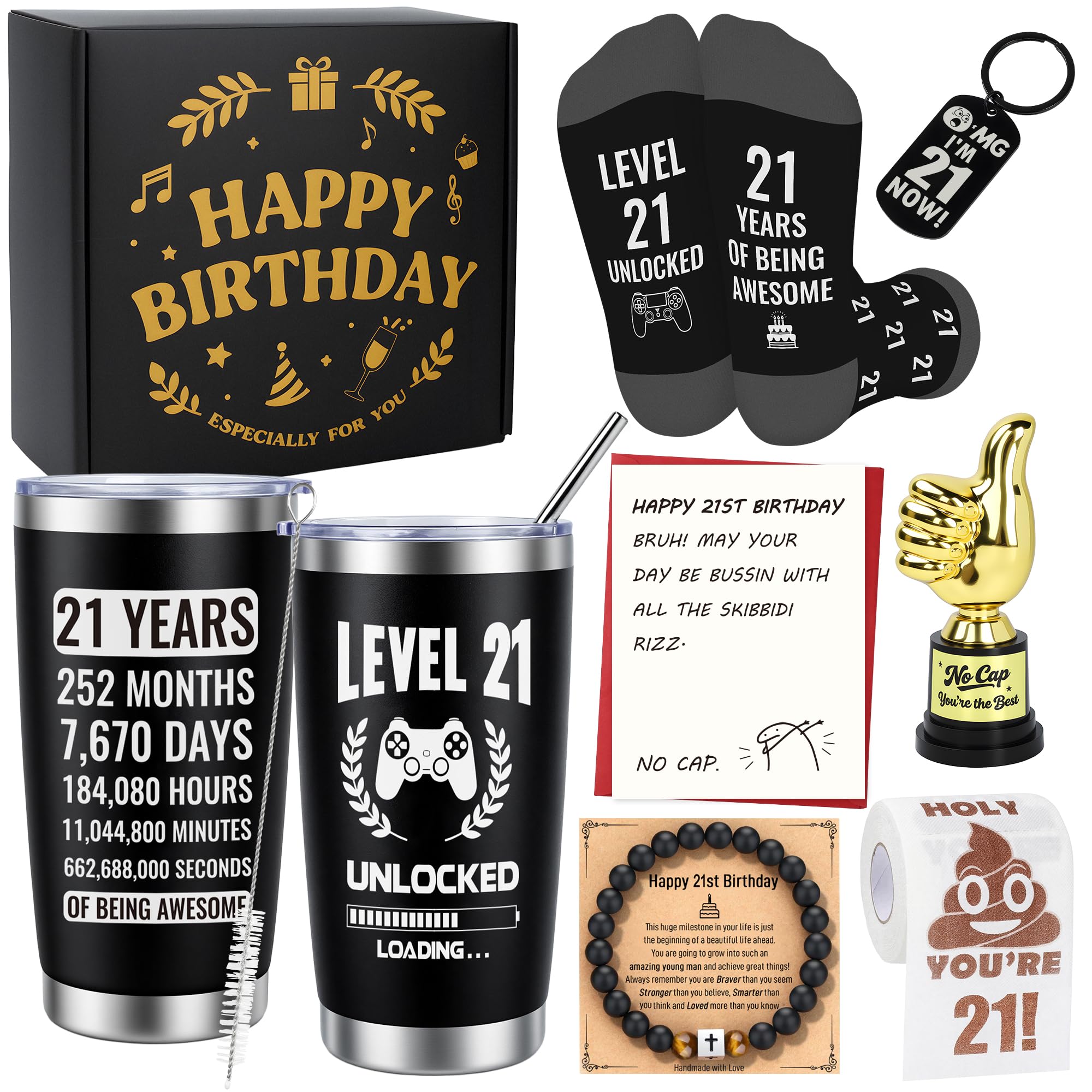 EccoDen Gifts for 21 Year Old Male - 21st Birthday Gifts for Him with 20oz Tumbler, Cozy Socks, Toilet Paper, Cross Bracelet, Keychain, Trophy, Birthday Card, 21st Birthday Decorations for Him
