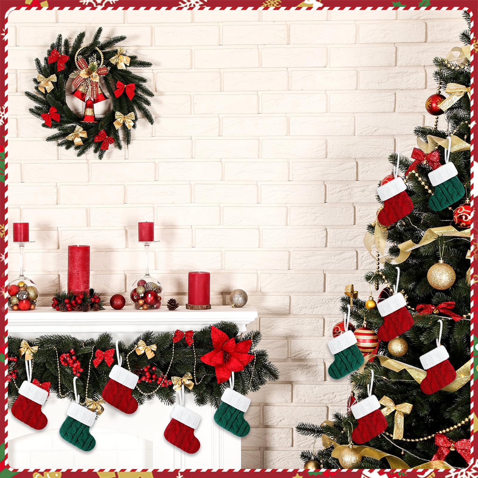 Hiboom Lot de 24 mini chaussettes de Noël tricotées à suspendre pour cheminée, arbre, mur, fenêtre, fête, décoration de vacances, bordeaux et vert, 9 x 7 cm