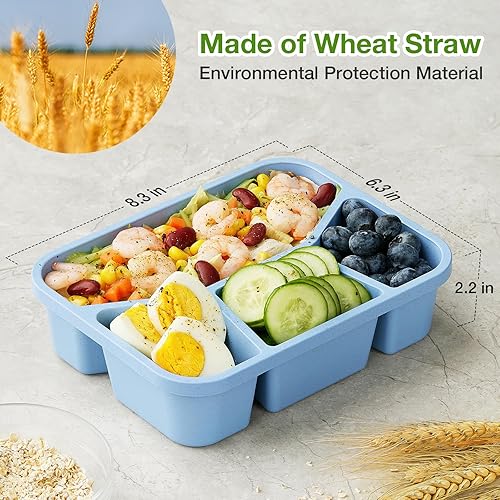 Miniatura 3 de Hlukana 4 Pack Bento Lunch Box, 4 Compartment Wheat Straw Meal Prep Containers for KidsToddleAdults, BPA Free Reusable Food Storage Containers,