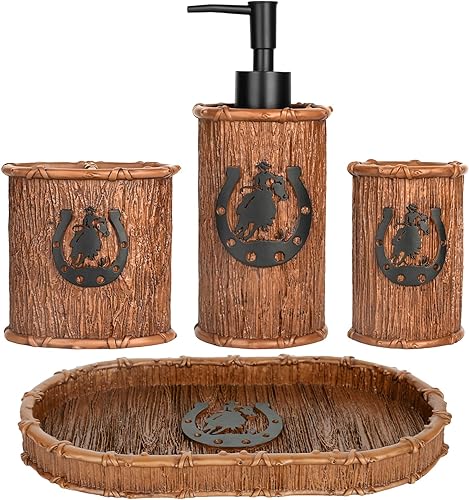 Juego de accesorios de baño, 4 piezas, juego completo de accesorios de baño, decoración de herraduras rústicas occidentales, incluye dispensador de