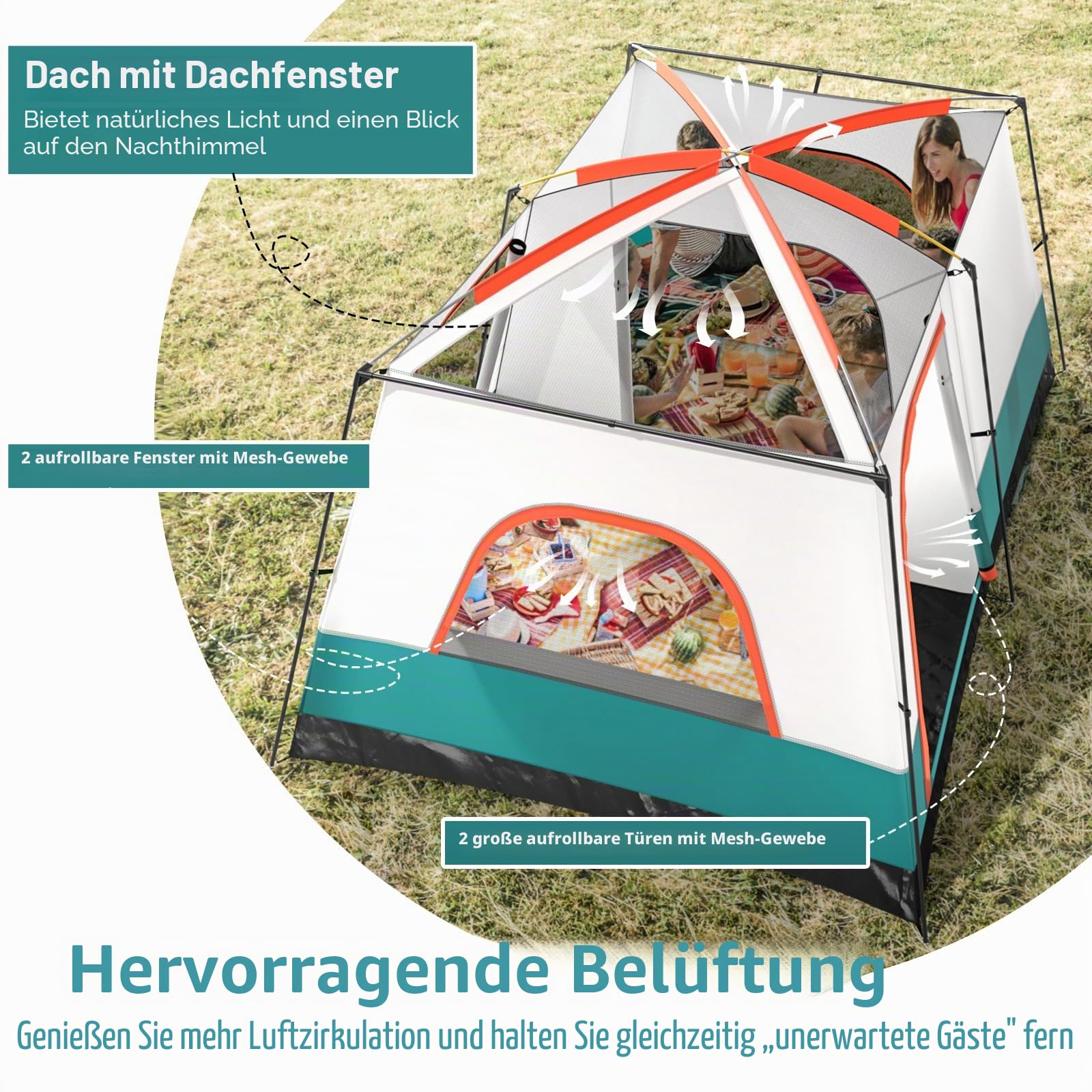 HOMASIS Tunnelzelt für 4-6 Personen, Zelt mit Vorzelt & Boden, Campingzelt mit 2 Räumen, 2 Eingängen, 2 Fenstern & Oberlicht, Familienzelt mit Tragetasche für Camping Hiking Trekking
