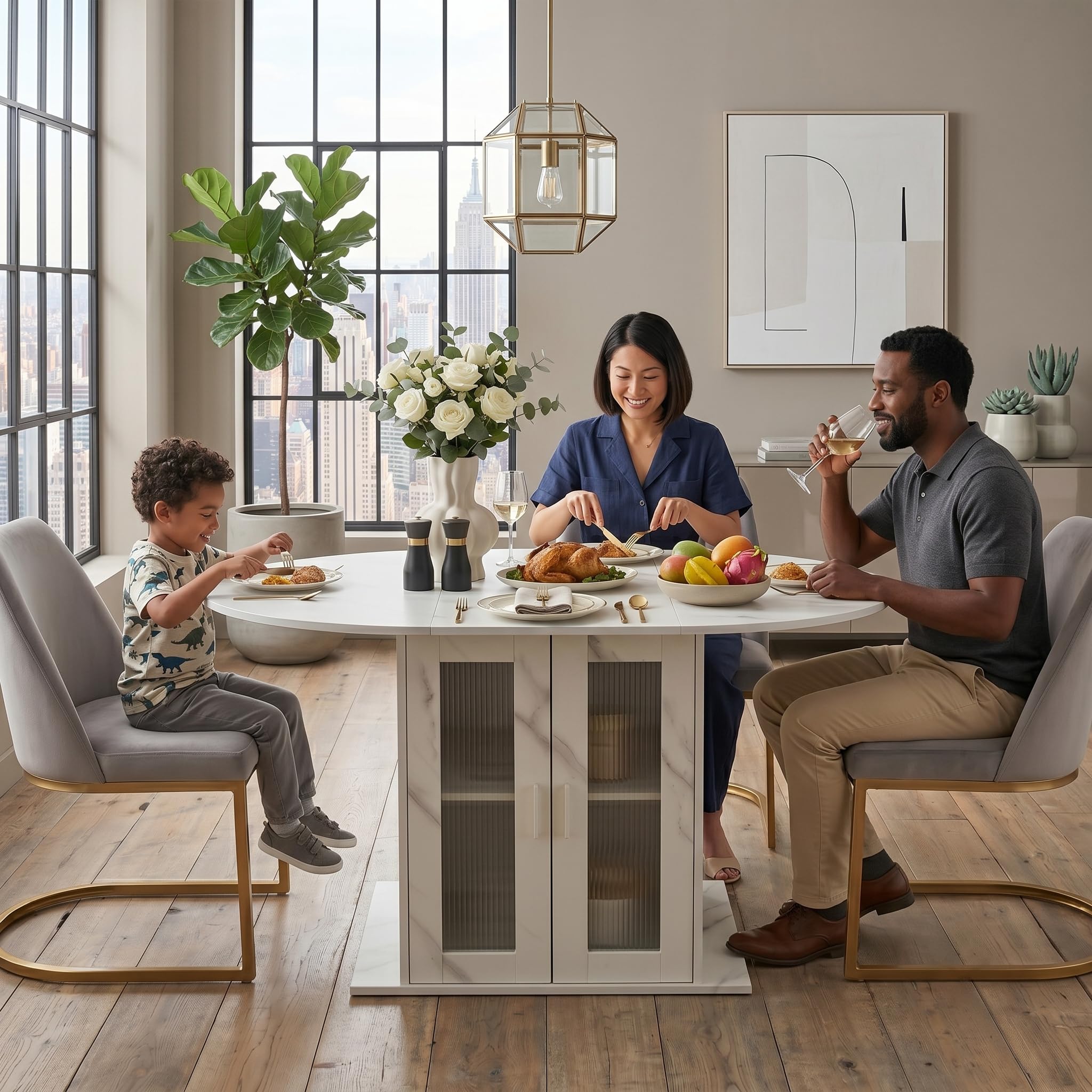 1 mesa de comedor extensible con almacenamiento para frigorífico, mesa de comedor redonda y ovalada para 4 – 6 personas, estable y ahorra espacio, para cocina, comedor y sala de estar (blanco, 100-140