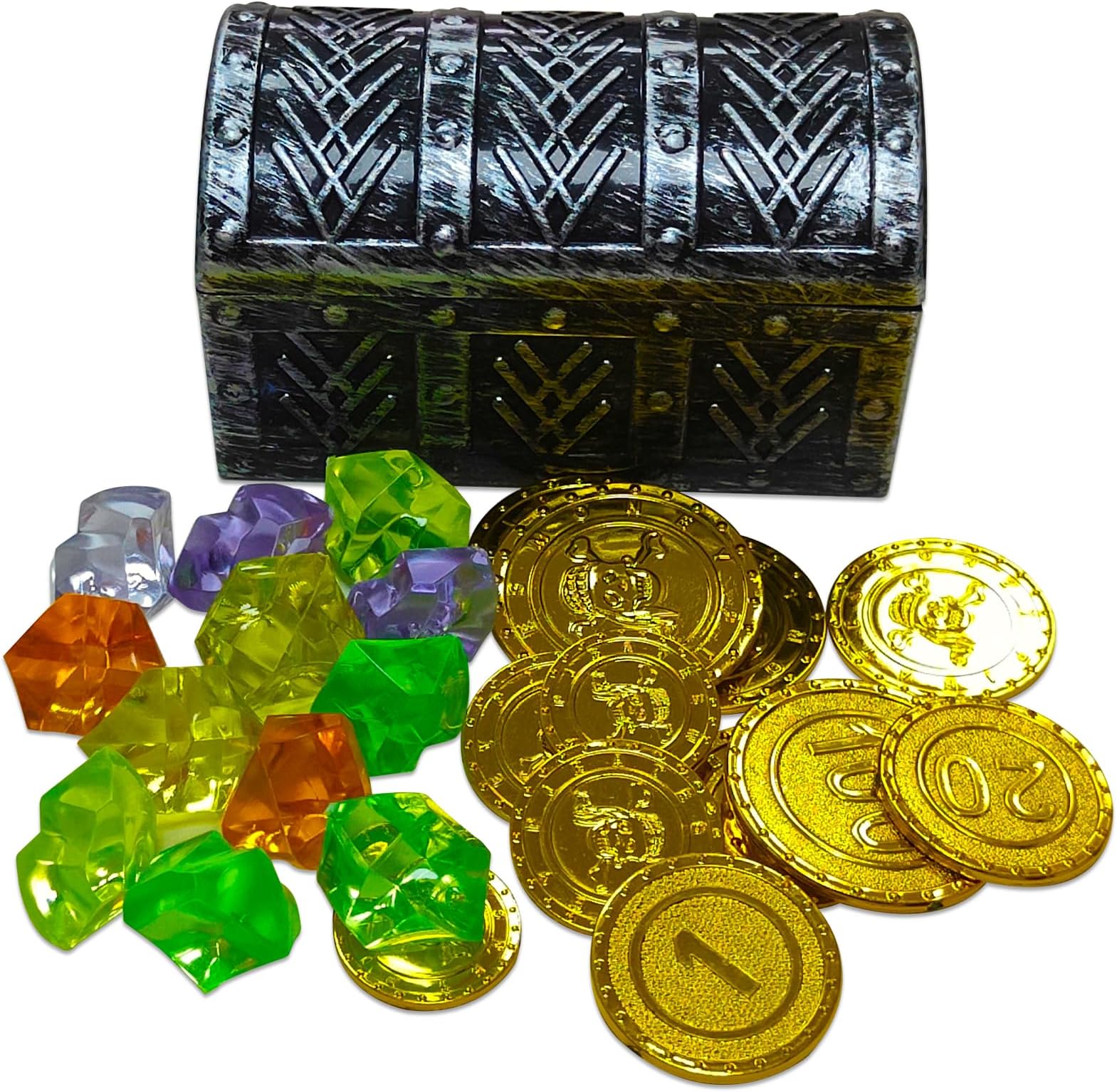 HOPELJKids Mini Pirate Treasure Chest Toys - Small Pirate Chest Toy Set Party Favors Supplies for Boys Girls Party (Includes 12 Plastic Gold Coins + 12 Gemstones)