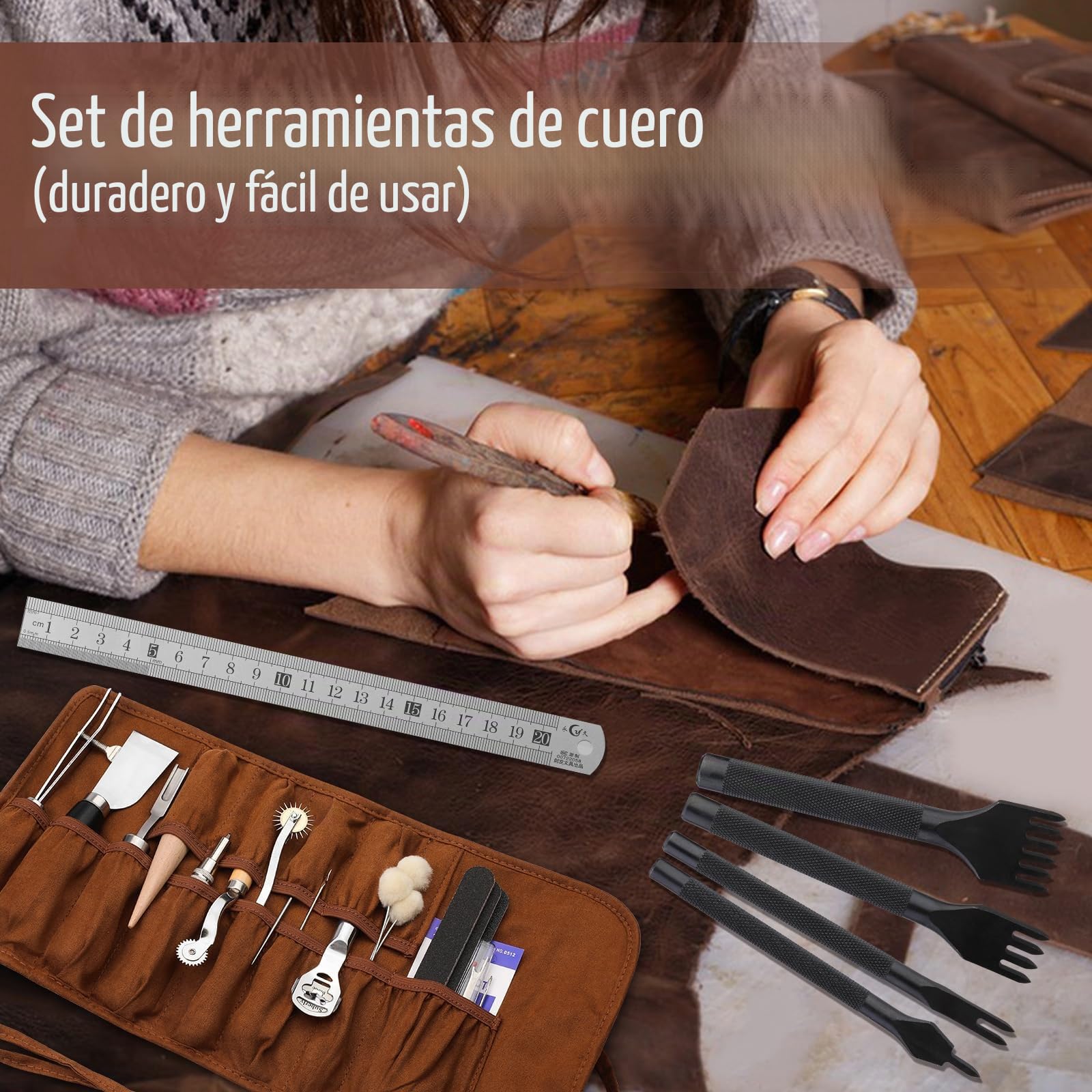 Benlay Herramientas de trabajo de cuero, herramientas de artesanía y accesorios, kit de herramientas de trabajo de cuero con bolsa enrollable y manual