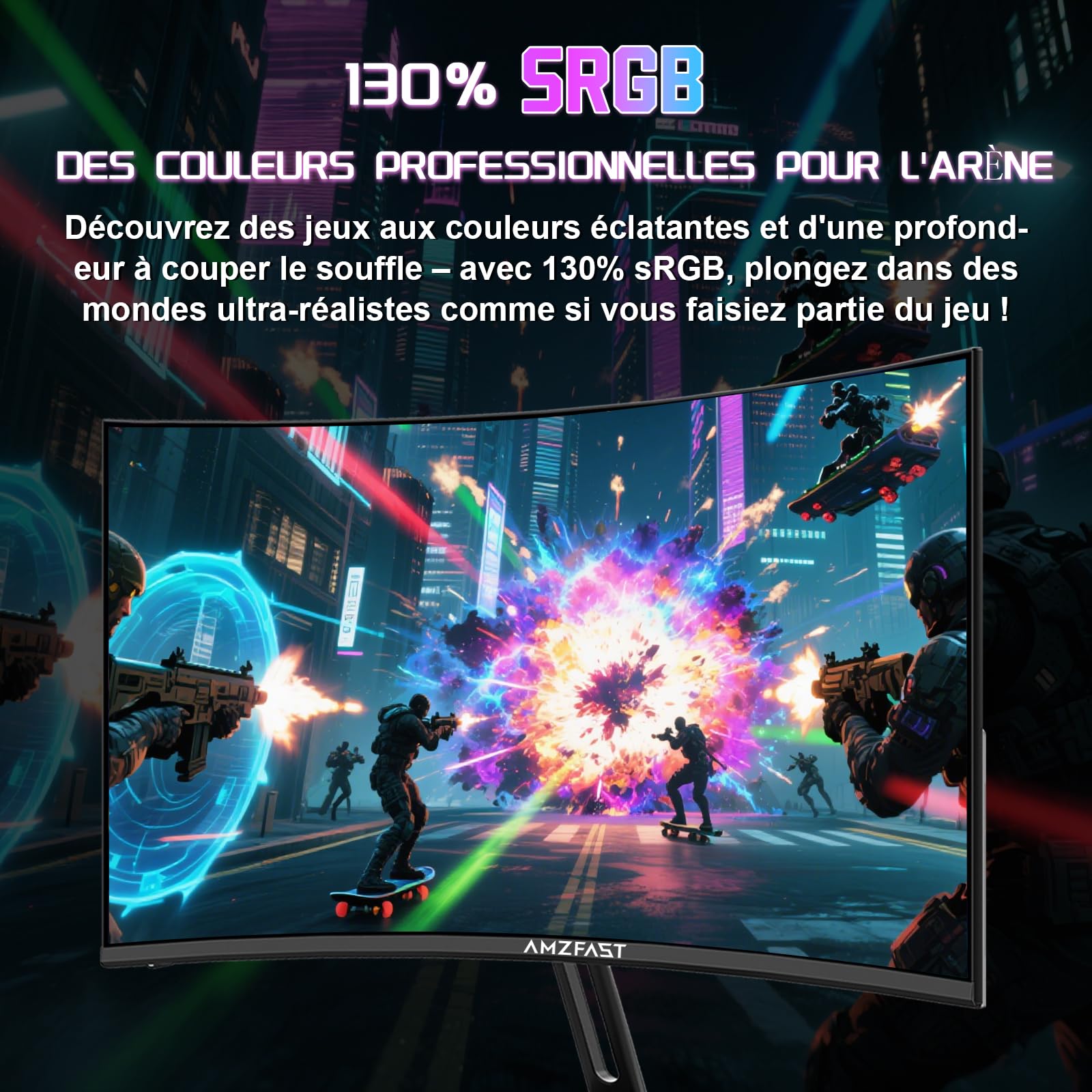 Amzfast Écran PC Gamer Incurvé 24 Pouces - 180Hz, FHD 1920x1080, sRGB 130% / DCI-P3 97%, 1 ms MPRT, Anti-Lumière Bleue, Adaptive Sync, HDMI 1.4 + DP 1.2, VESA 75x75, AMZG24C1
