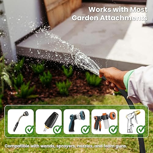 Miniatura 7 de Manguera de jardín de 75 pies  Manguera de agua ligera y flexible, tela a prueba de fugas y no expandible con válvula de cierre para patio, riego al