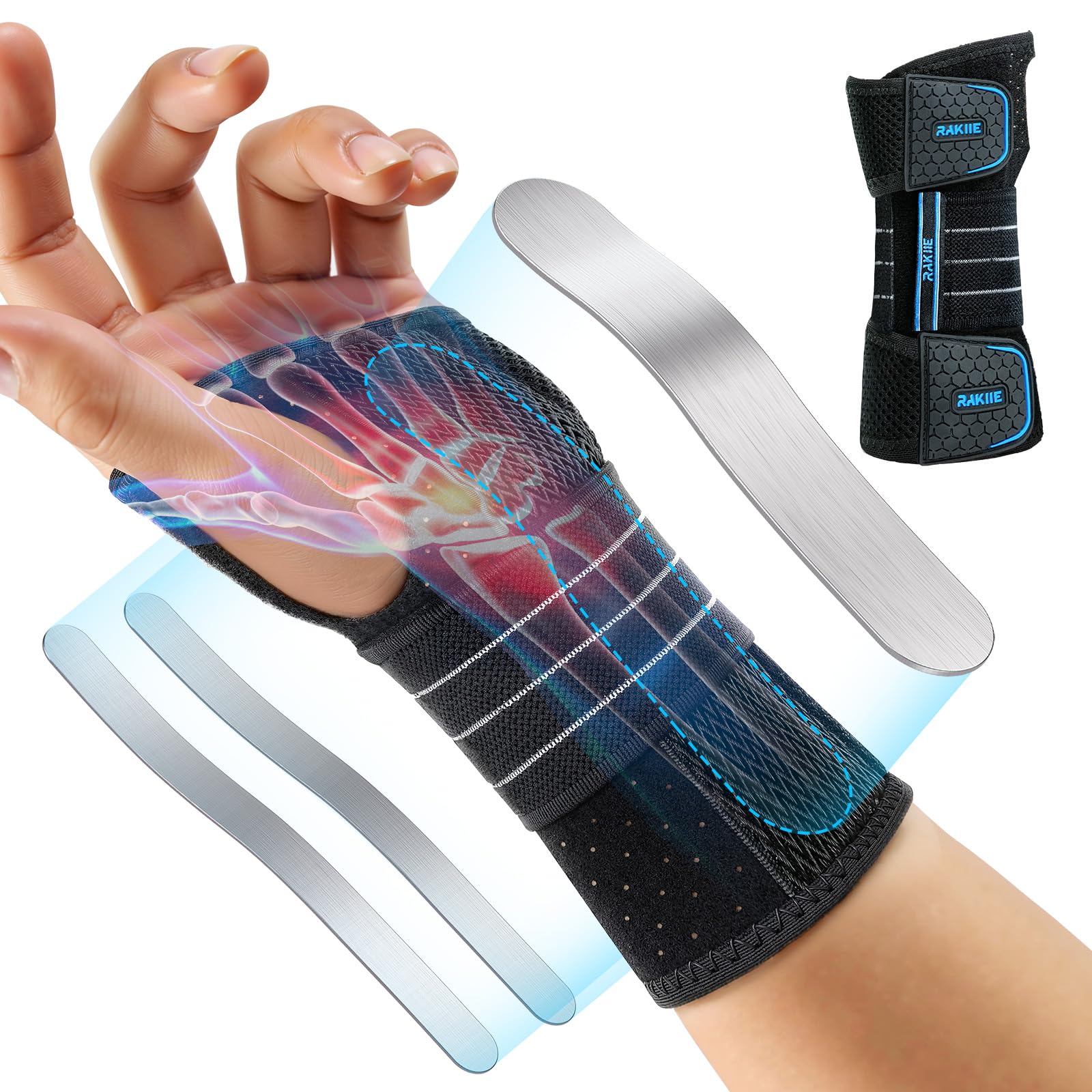 Rakiie Carpal Tunnel Wrist Brace, Adjustable Night Wrist Support with 3 Metal Splints, Hand Brace for Men Women No Pressure on Thumb, Splint