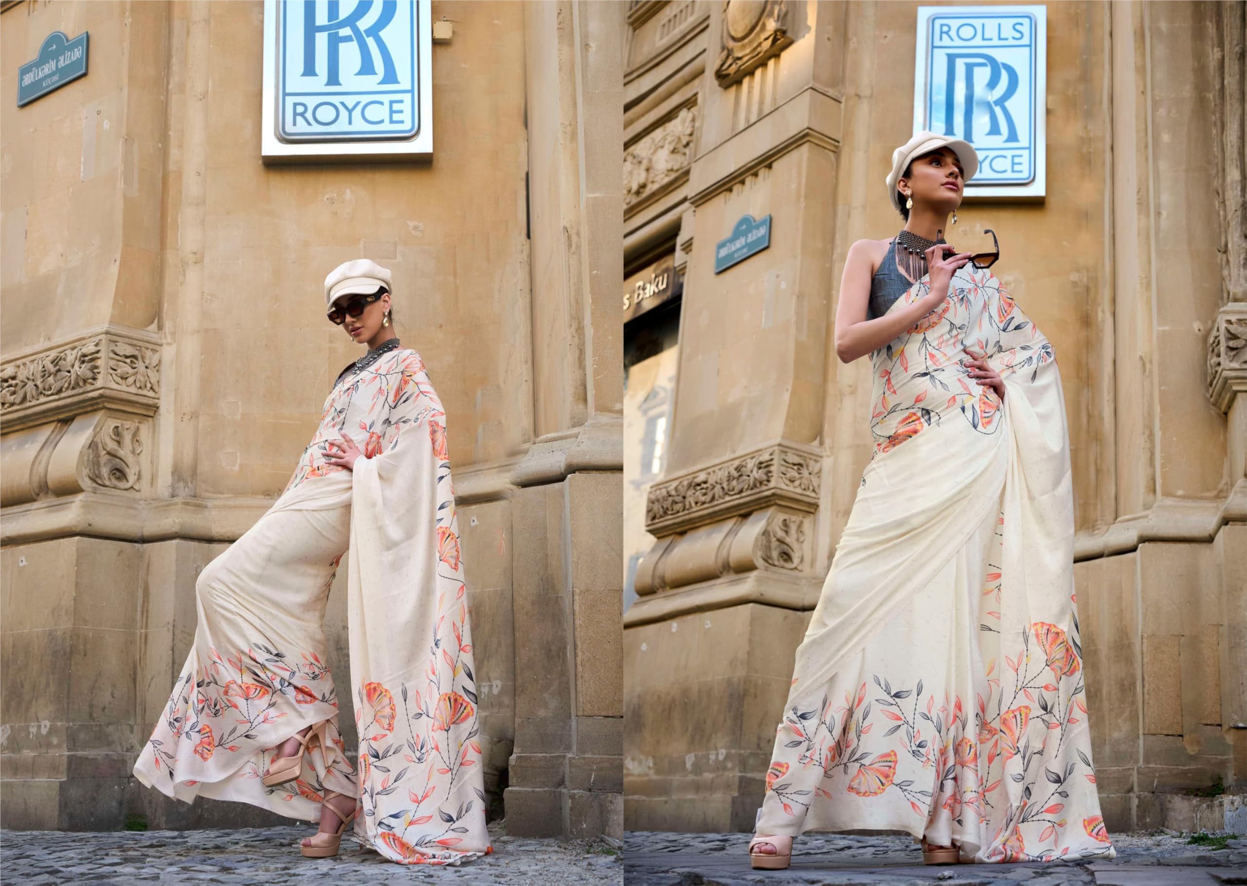 Stylum Women's Floral Printed Satin Saree (Srcreamdove_Cream)