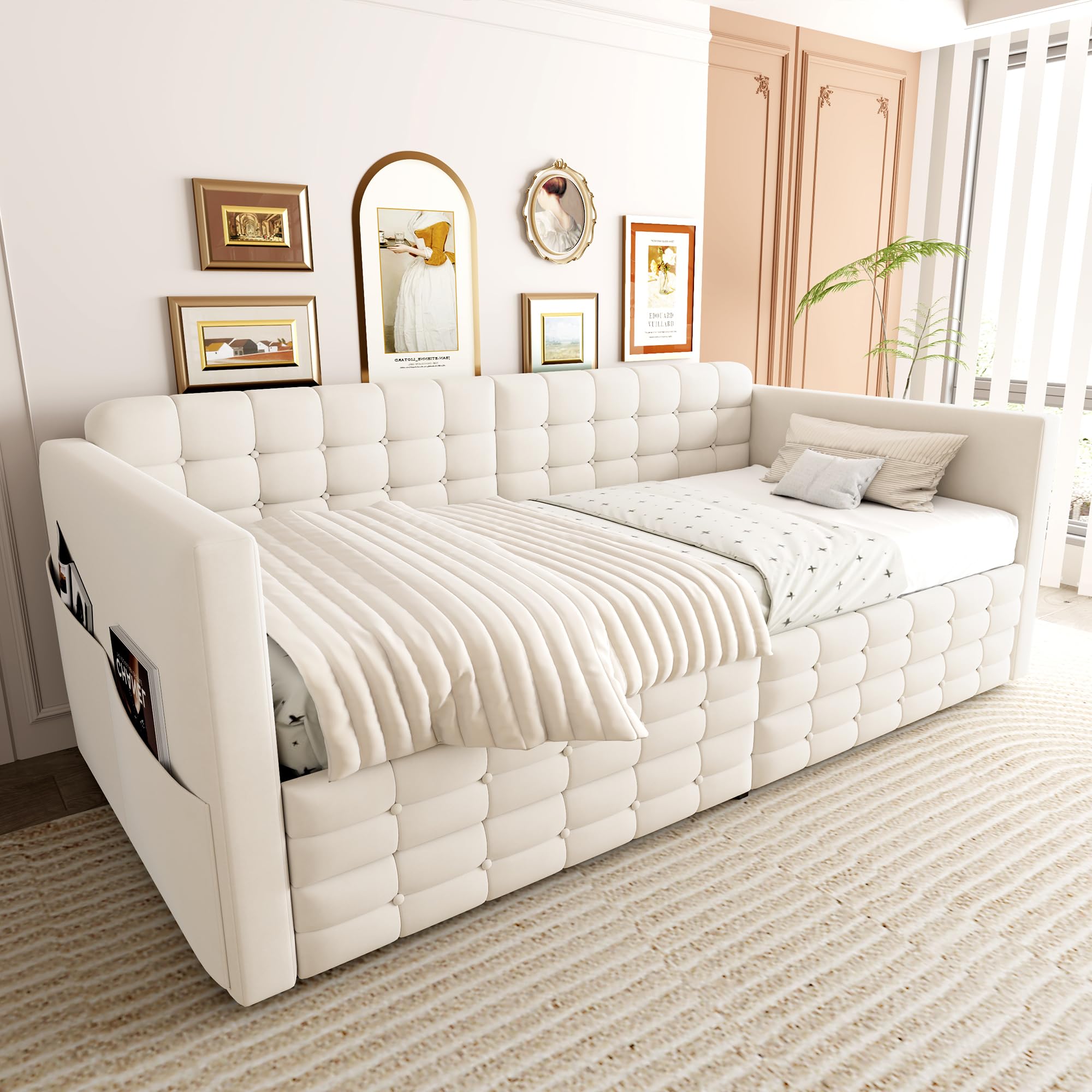 Estructura de Sofa Cama Individual 90x190cm Cama Tapizada con 2 Cajones Mueble Dormitorio Base de Cama Somier Madera Bolsillos Laterales Habitacion Invitados Terciopelo Beige