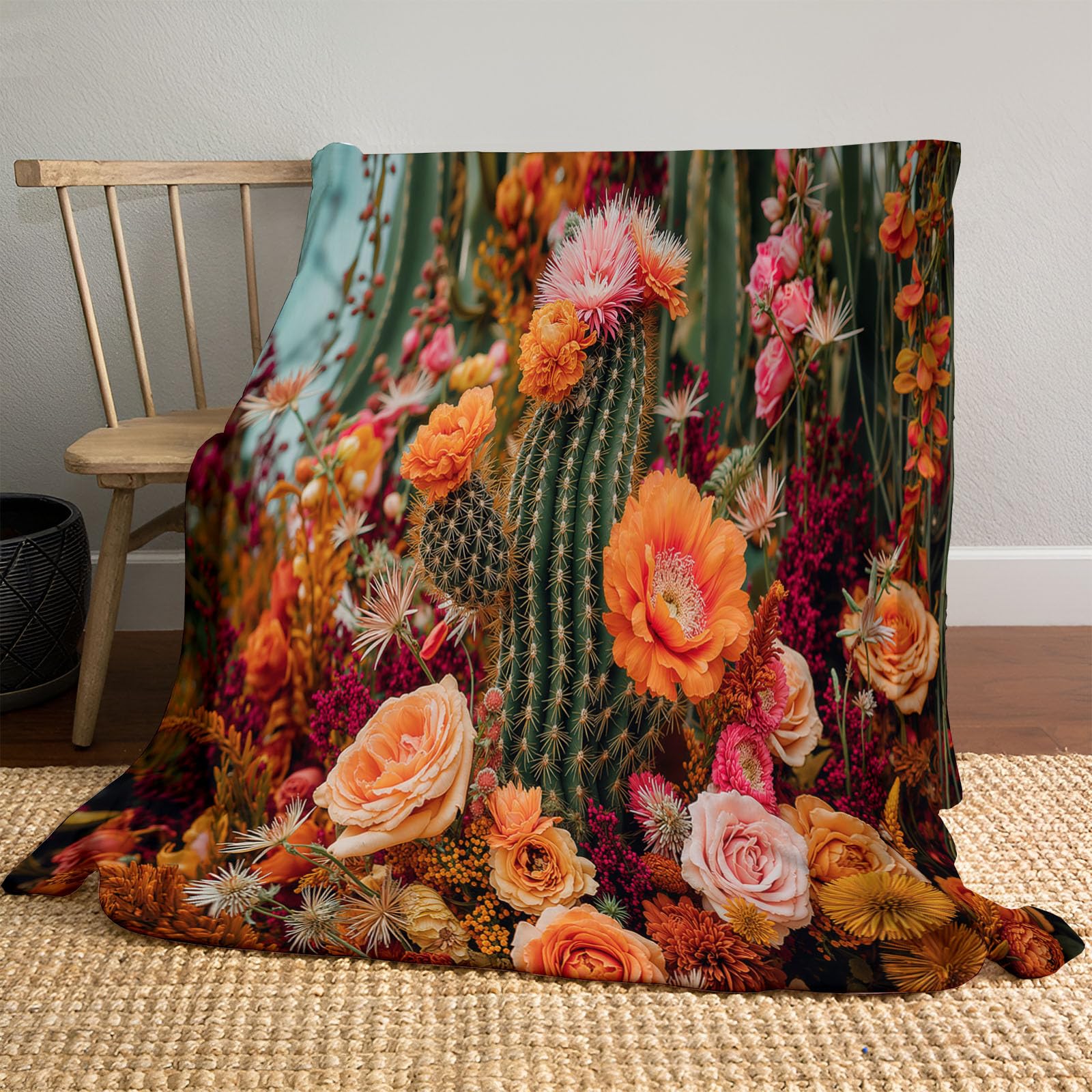 Manta Fotografía De Flores Franela de Suave, Manta Vistoso con Estampado Cactus Rosas Margaritas Suave y Acogedora, para Niños y Adultos Cama Sofá Sillón Viajes 220x240 cm