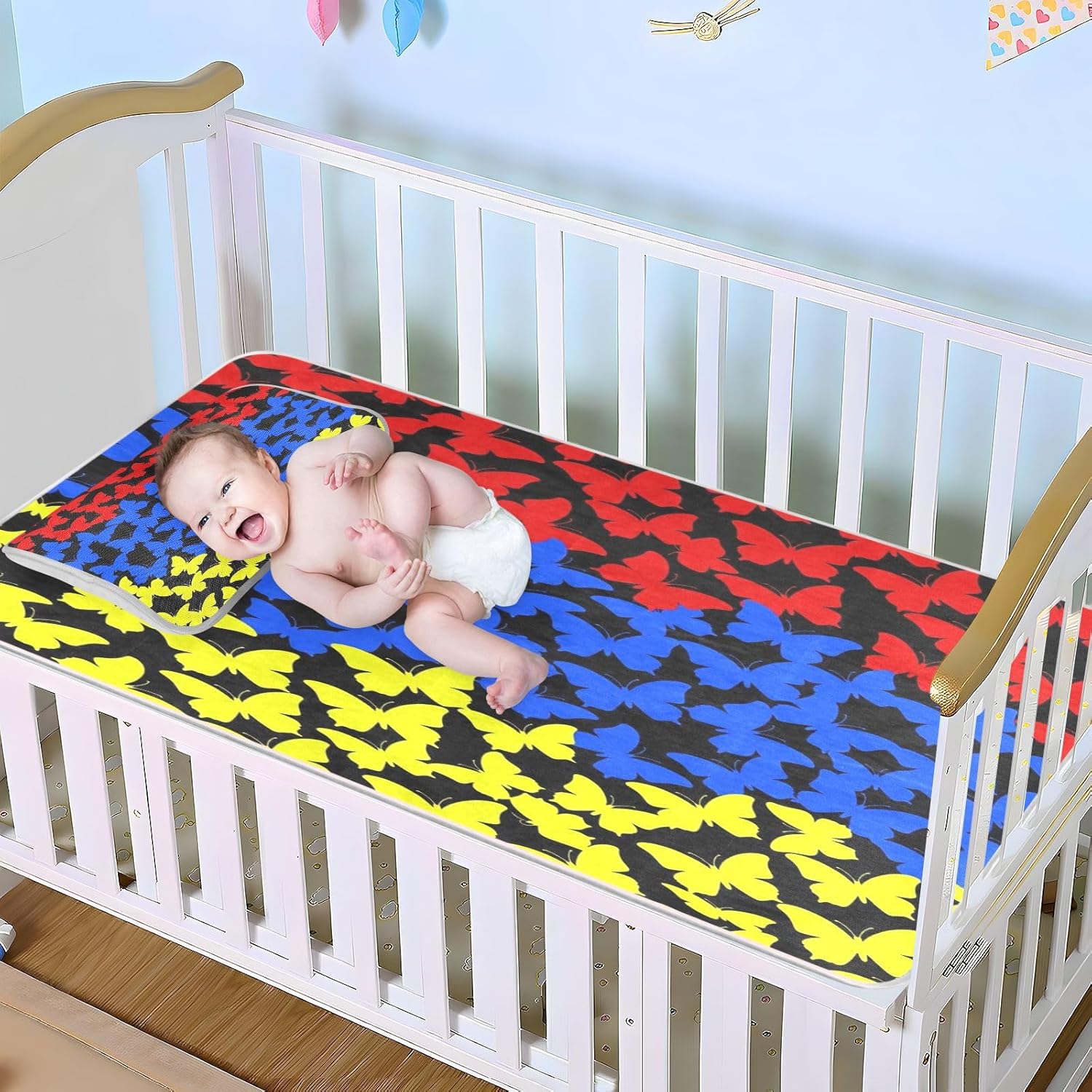 Cooling Baby Mattress pad Waterproof 28" x 52" Absorbent Armenian Flag Butterflies Red Blue Crib Padding for Sides for Kids, Adult
