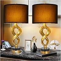 Vista 10 de Juego de 2 lámparas de mesa escultóricas con puertos USB para sala de estar, lámparas de noche de granja con acabado en hoja de oro y interruptor