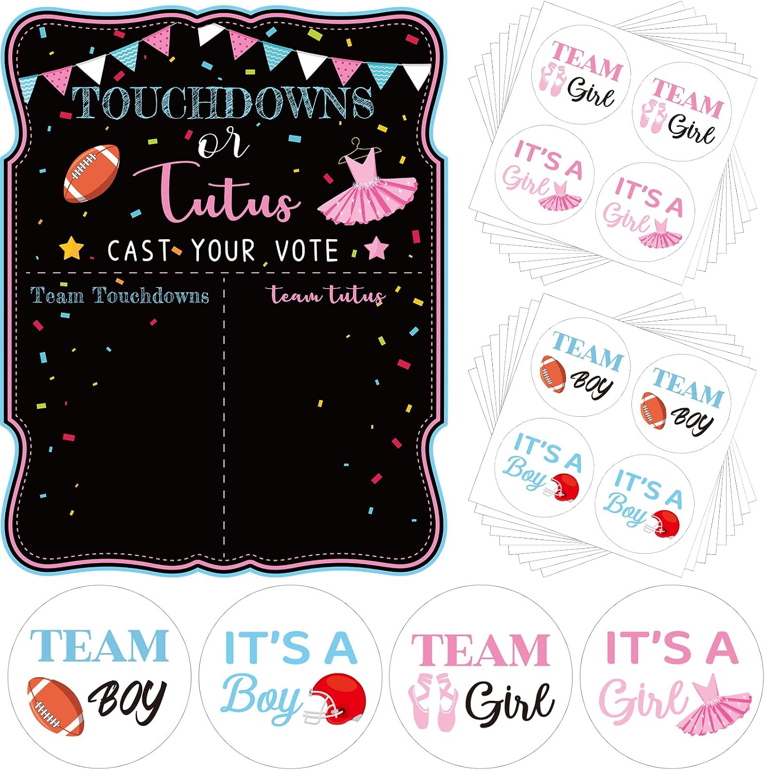Gueevin Touchdowns or Tutus Gender Reveal Poster Game with 72 Pcs Stickers