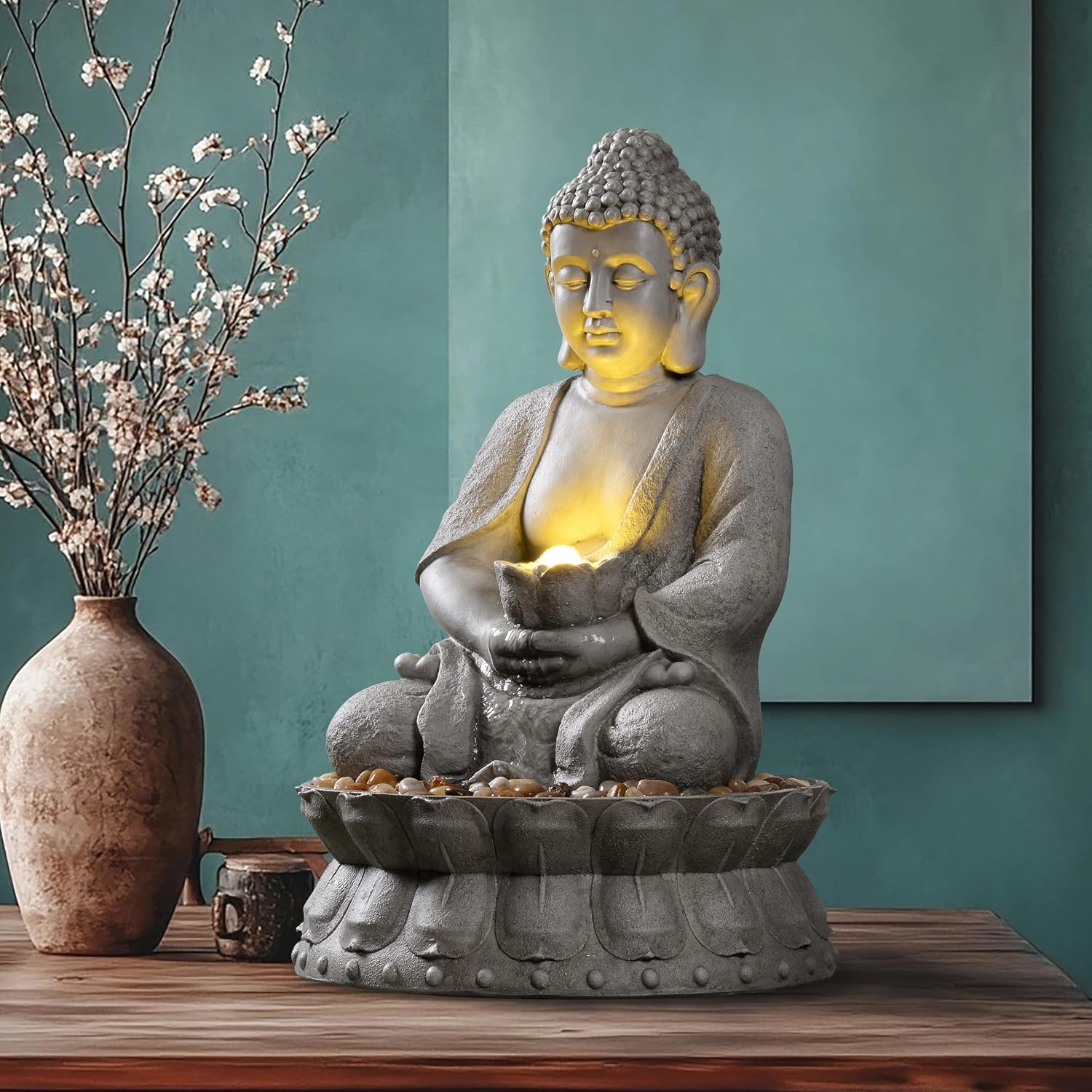 Buddha Water Fountain Outdoor, Zen Fountain with LED Light for Garden, Home Decor, Relaxing Buddha Statue with Lotus Base, for Women