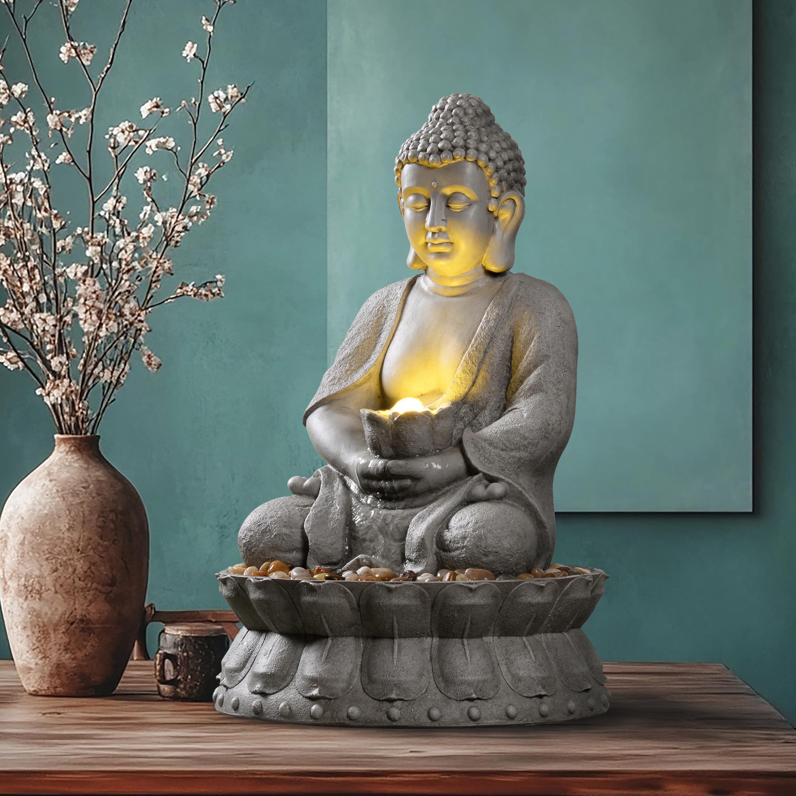 Fontaine à eau de Bouddha d'extérieur Zen avec lumière LED pour jardin, décoration d'intérieur, statue de Bouddha relaxante avec base lotus, pour femme