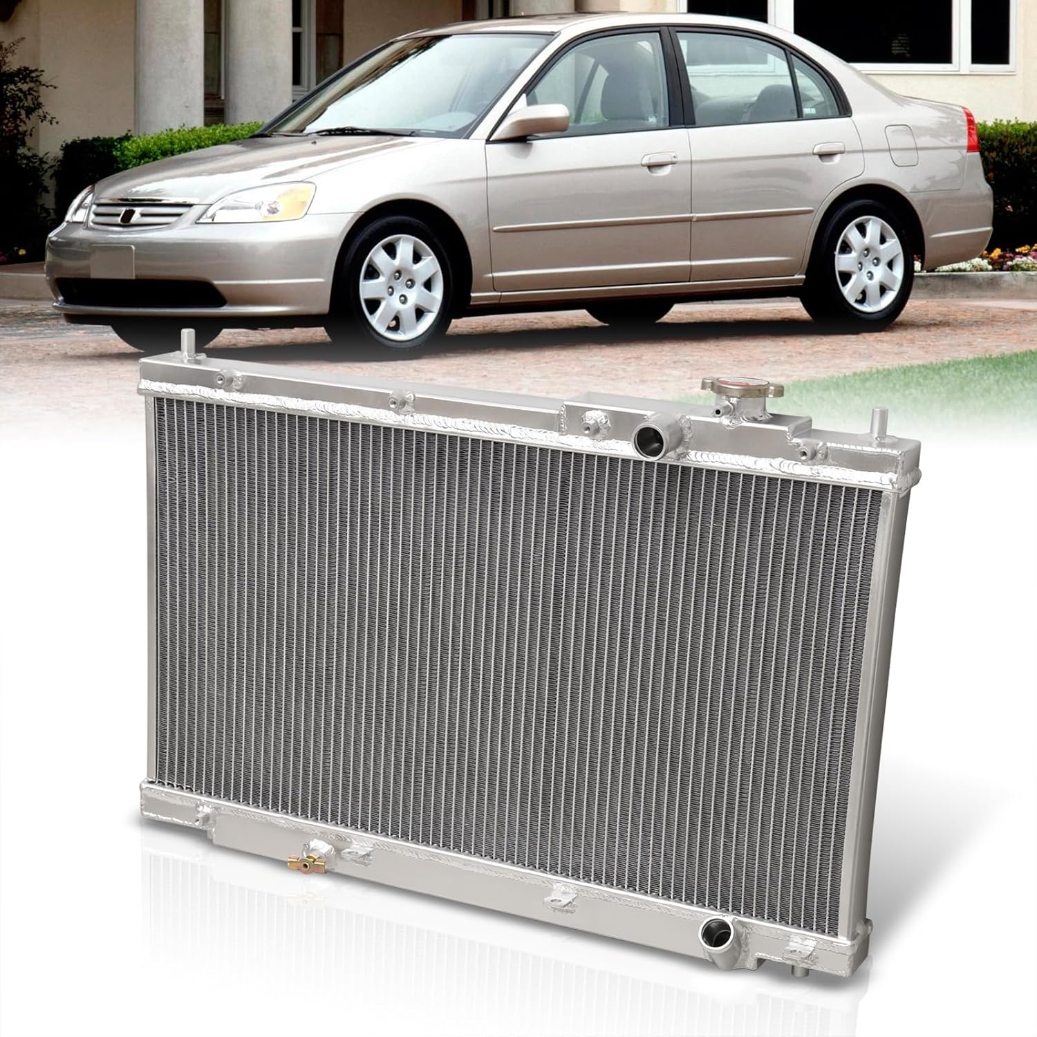 AJP Distributors Dual Core 2-Row Full Aluminum Radiator Engine Motor Cooling Upgrade Compatible/Replacement For Civic EX/LX/DX EM2 ES1 ES2 ES9 Manual M/T 2001 2002 2003 2004 2005 01 02 03 04 05