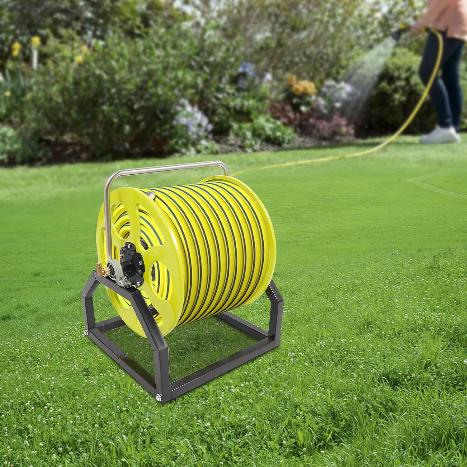 Garden Hose Reel, Heavy Duty Water Hose Reel, Floor/Wall Mount Metal Hose Reel, Holds up to 328-Feet (Hose Not Included)