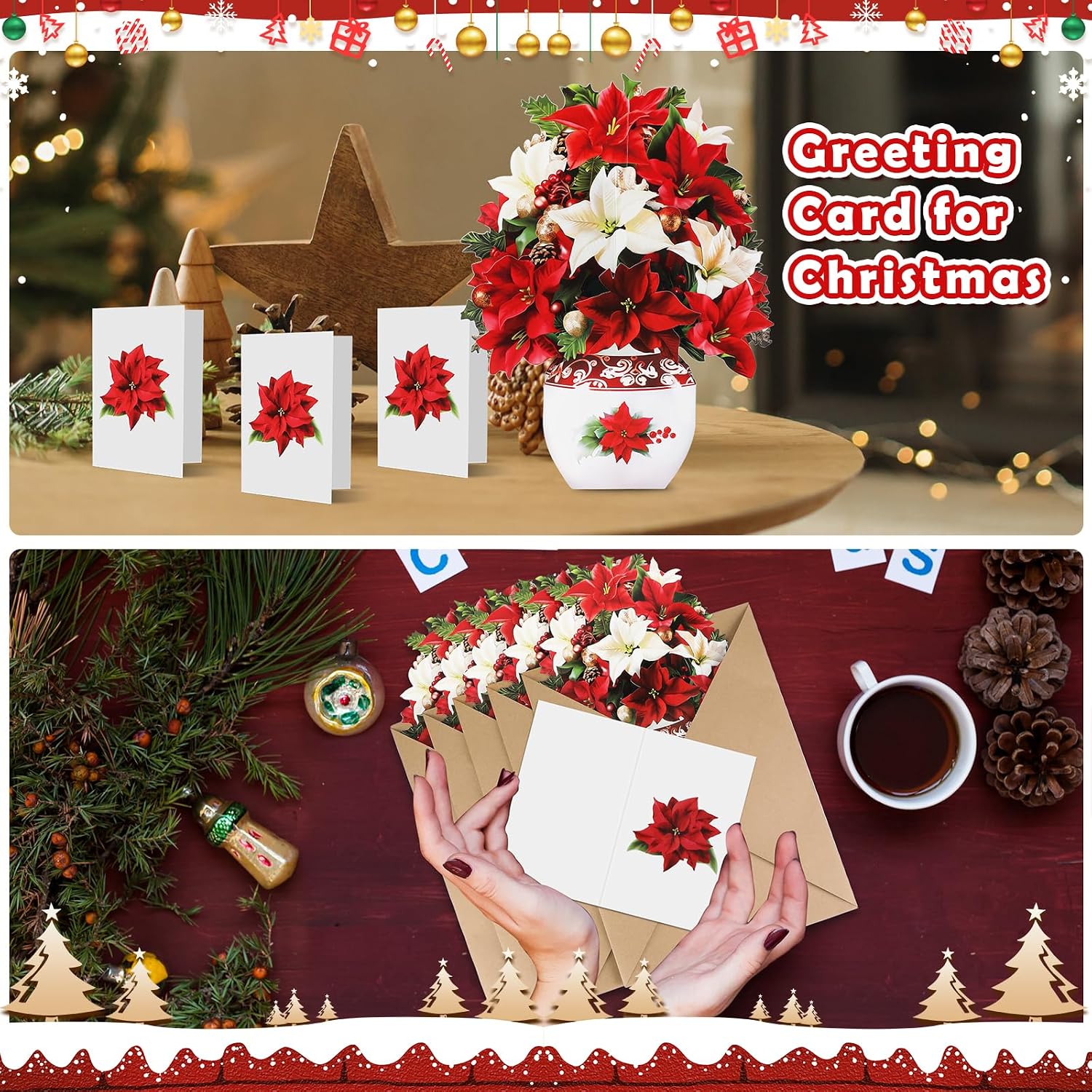Naozinebi 5 Set Christmas Paper Pop Up Cards Poinsettia Thank You Cards Paper Flower Bouquet 3D Popup Greeting Cards 3D Merry Christmas Card Birthday Holiday Card with Note Card Envelope
