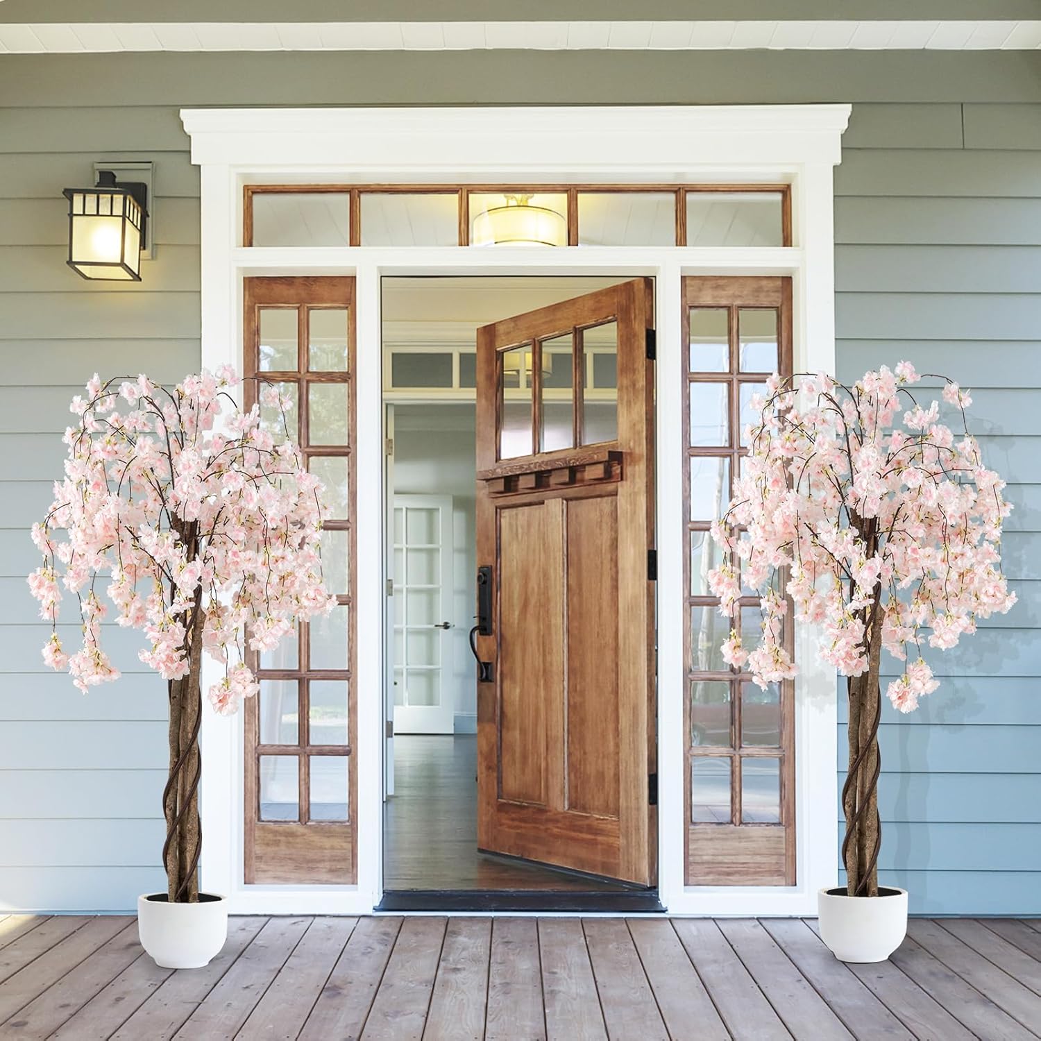 Goplus 5.5FT Artificial Cherry Blossom Tree, Fake Flower Tree, Faux Floral Plant Blooming Tree in Nursery Pot with White Flowers, Tall Potted Artificial Tree for Indoor Home Office Porch Decoration