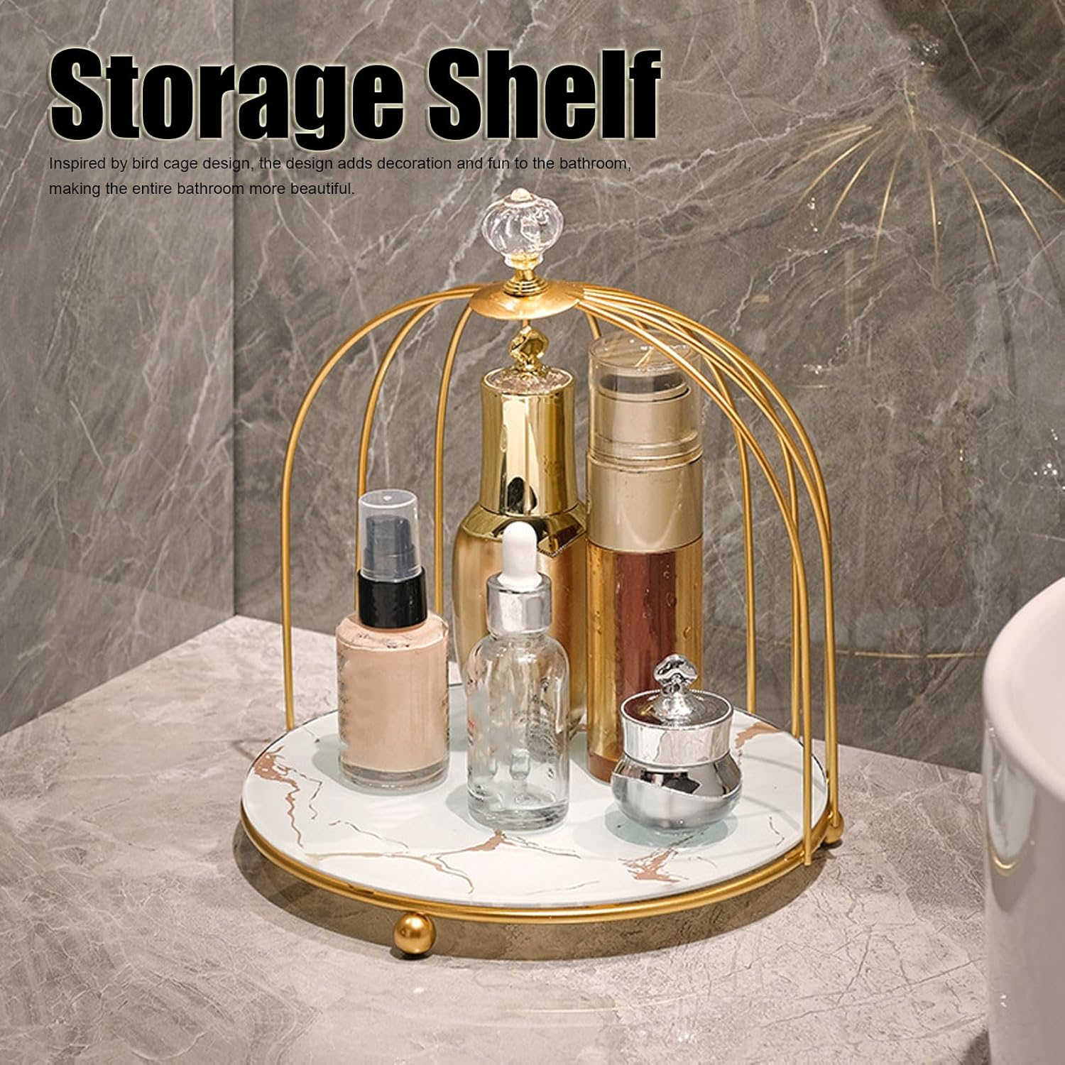 TOPINCN Cosmetics Organizer Shelf, Bathroom Desktop Metal Storage Holder for Makeup and Skincare, Bird Cage Gold Frame, 1 Tier Vanity Jewelry Display Tray for Bathroom Bedroom (White