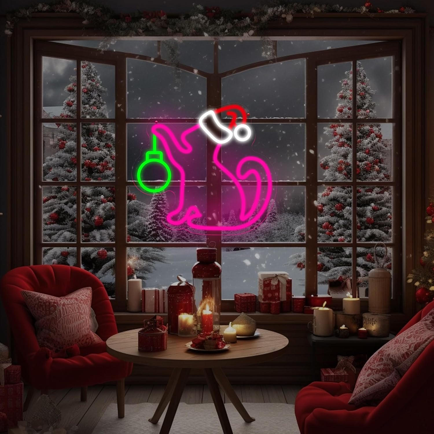 Christmas Neon Sign - Pink Cat With Santa Hat Neon Signs For Wall Decor Christmas Party Decoration New Year Gift Neon Light Sign 13.7″ × 12.5″