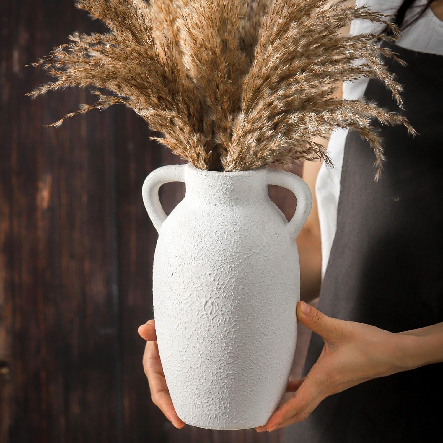 Ceramic Farmhouse Vase with 2 Handles, Boho Decorative Flower Vase for Home Decor, Living Room, Entryway, Table, Shelf Decor, 9.6 Inch - Image 5