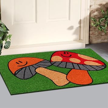 A1HC Natural Coco Coir Door Mat Dancing Mushroom Doormat with Heavy Duty Non-Slip PVC Backing - 18 x 30 - Easy to Clean, Welcome Mat for Home, Low-Profile Durable Doormat