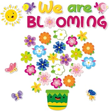 69Pcs Back to School Floral Classroom Bulletin Board Set Colorful Floral Bird Butterfly Cut Outs with Glue Points We are Bloming Cutouts for School Classroom Home Window Wall Decorations