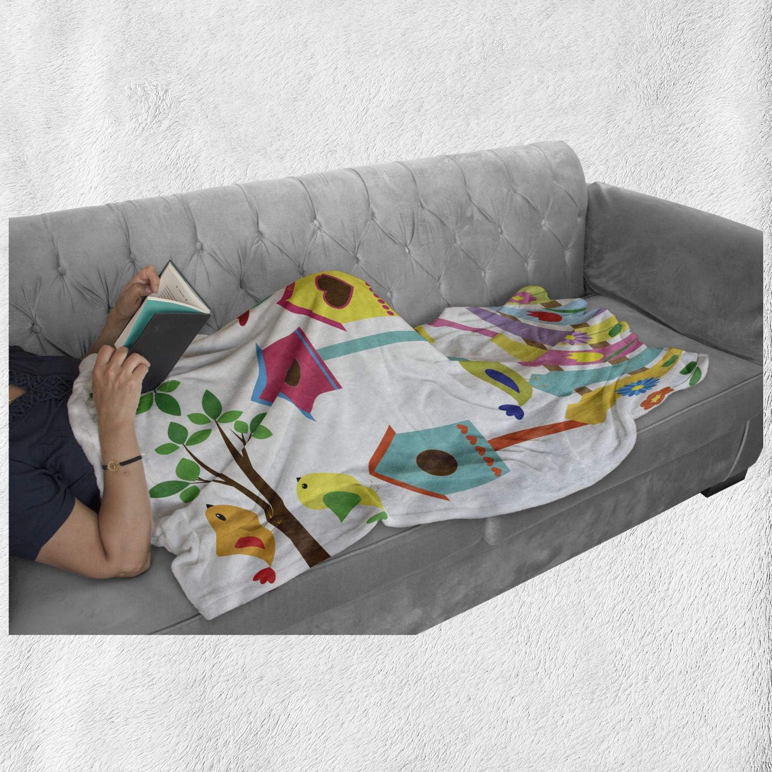 Lunarable Birds Throw Blanket, Colorful Avian Animals Birdhouses and Fence Design Cartoon Style Sketch, Flannel Fleece Accent Piece Soft Couch Cover for Adults, 50" x 70", Multicolor